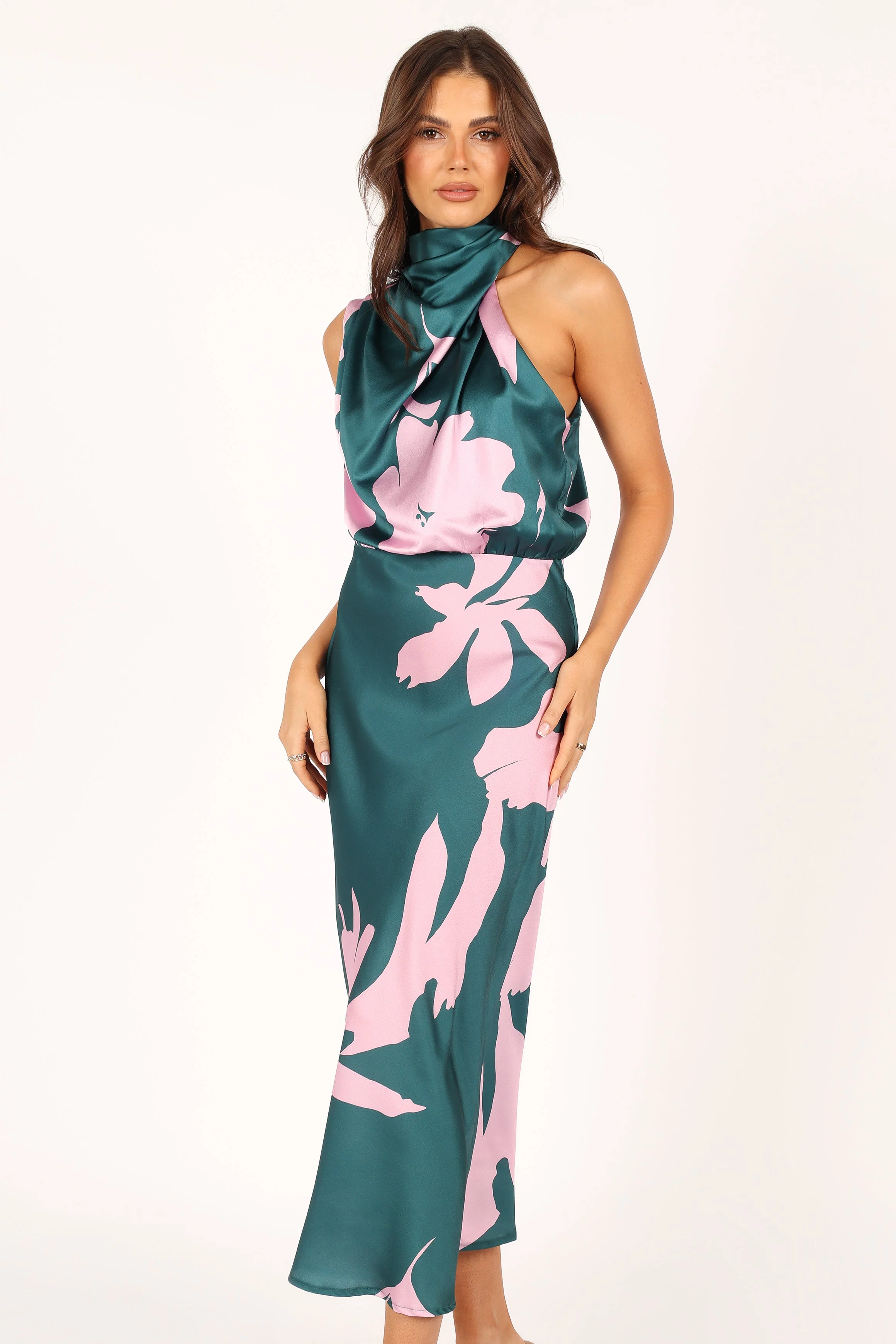 Anabelle Halter Neck Midi Dress - Green Pink