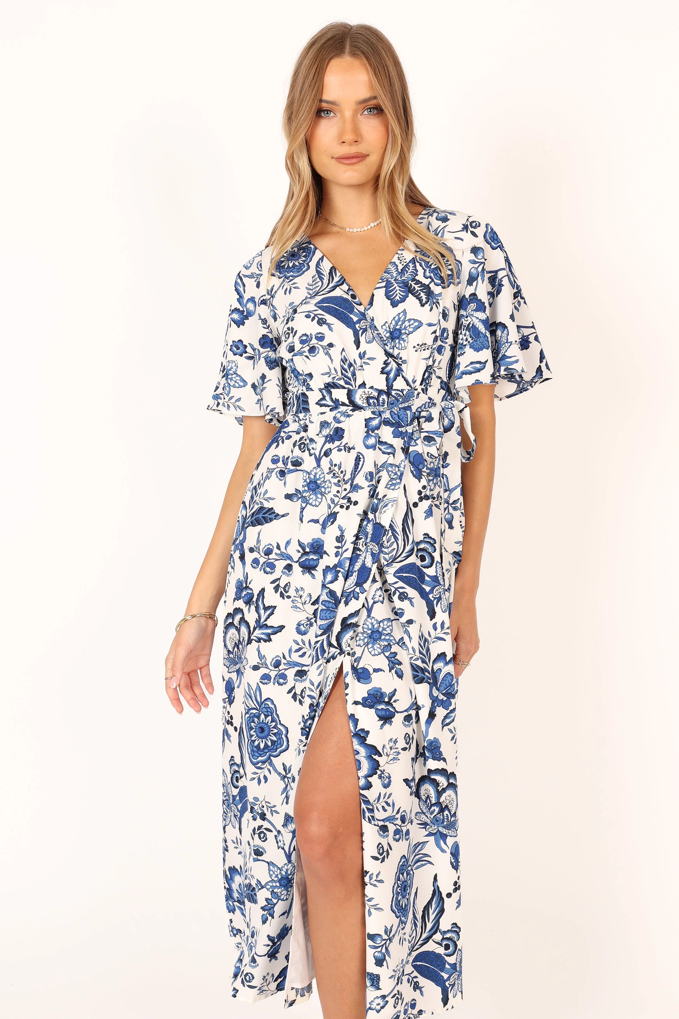 Kaleen Midi Wrap Dress - White Blue
