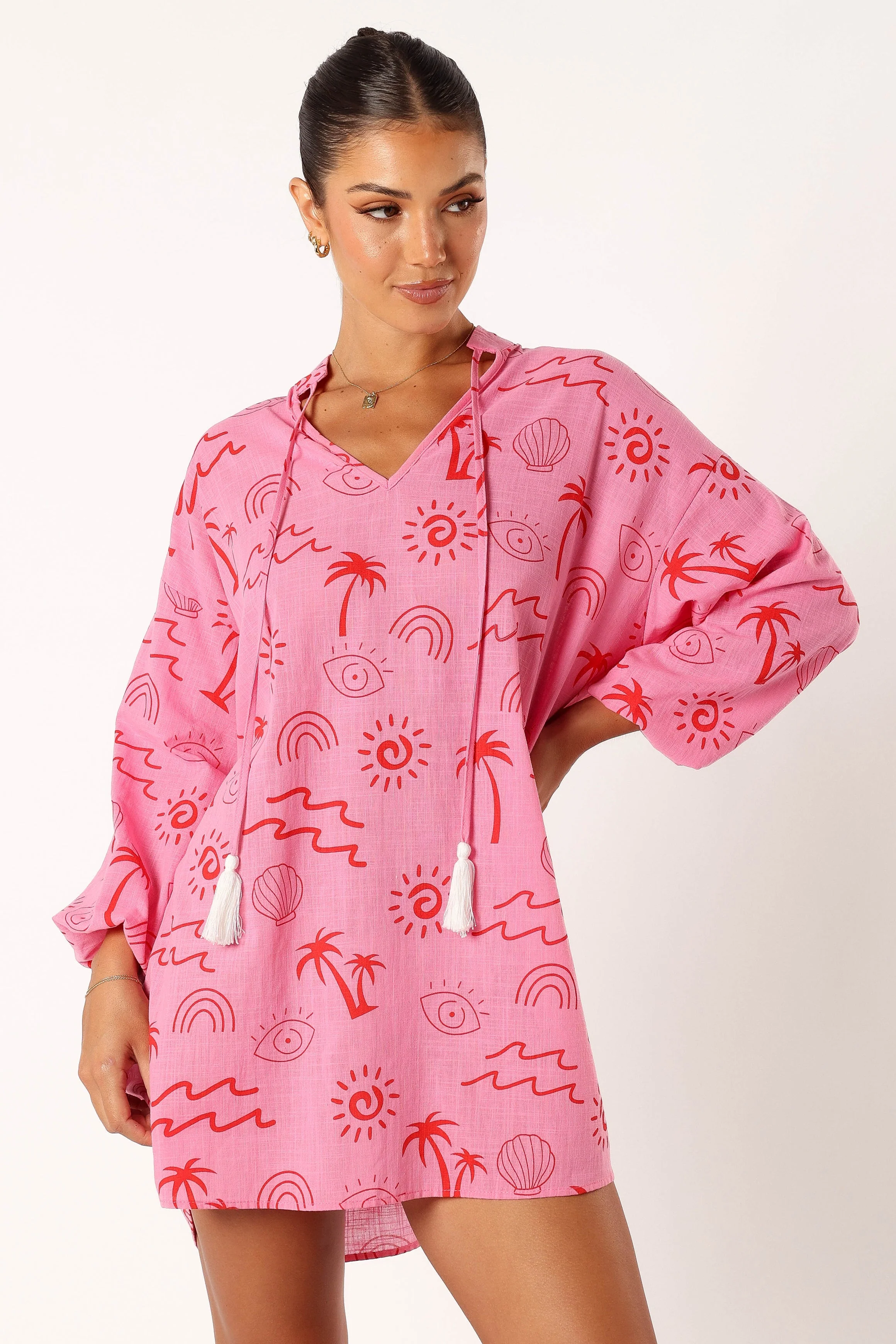 Laila Long Sleeve Linen Mini Dress - Pink Red