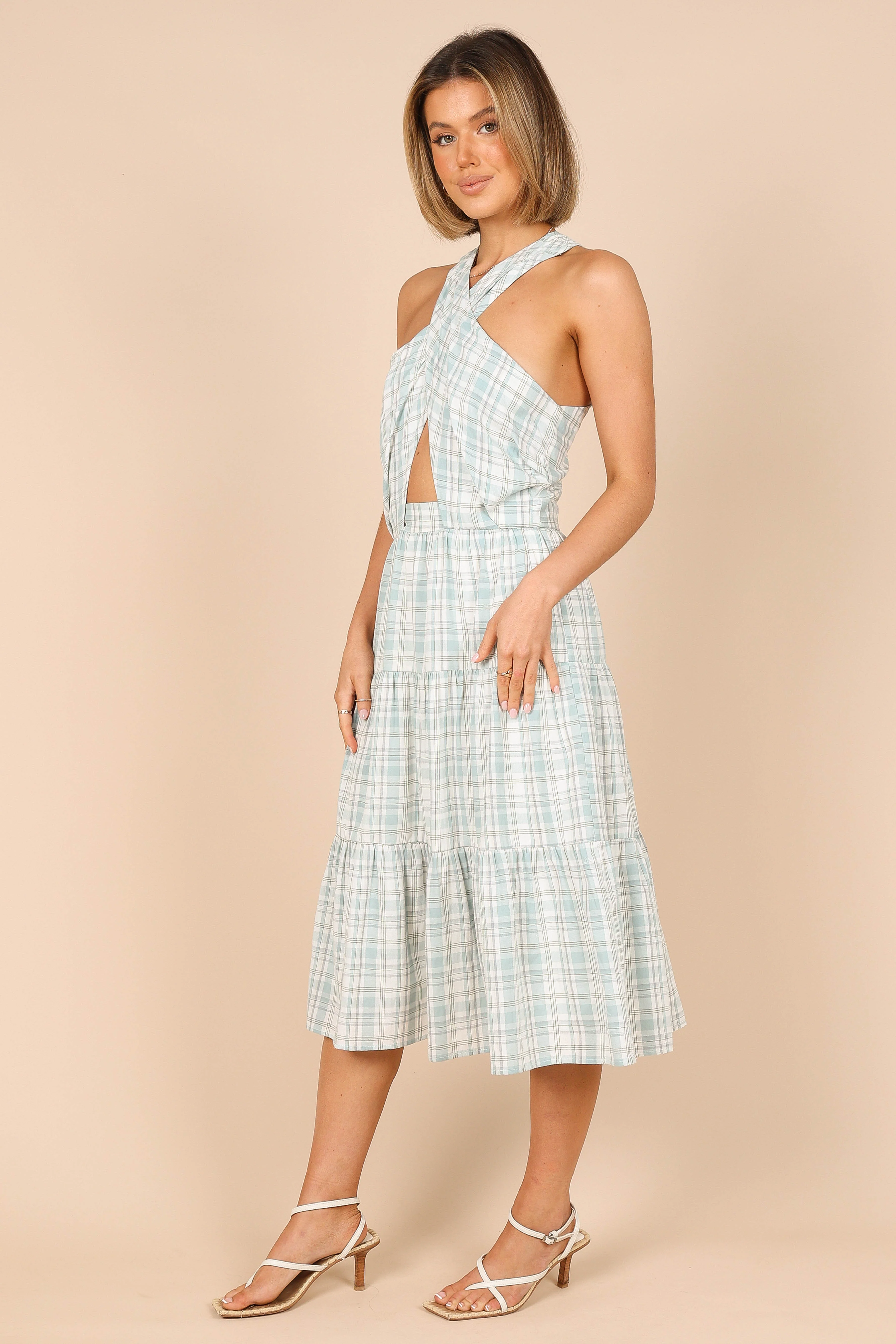 Georgian Halter Neck Midi Dress - Blue Check