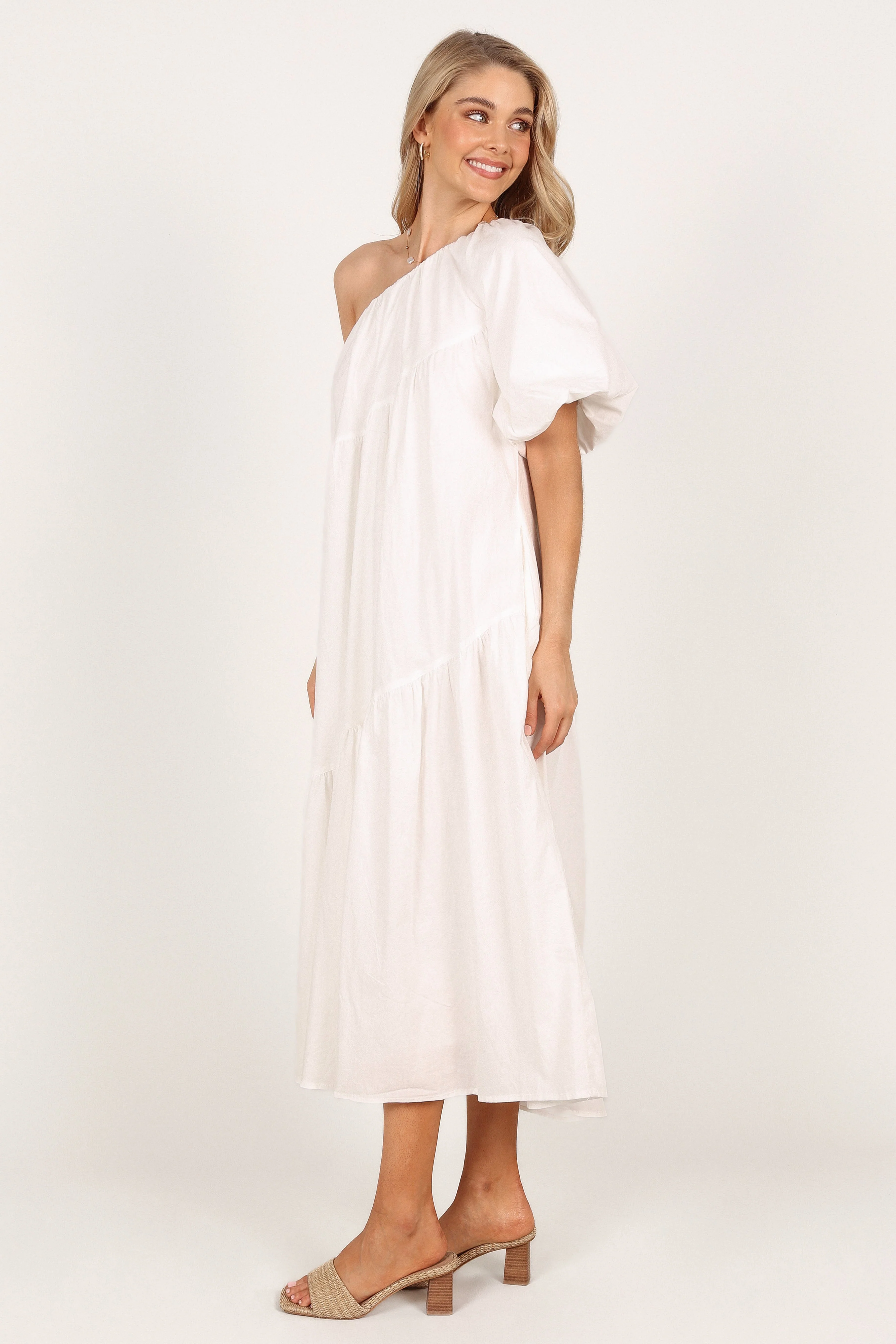 Stephanie One Shoulder Puff Sleeve Midi Dress - White
