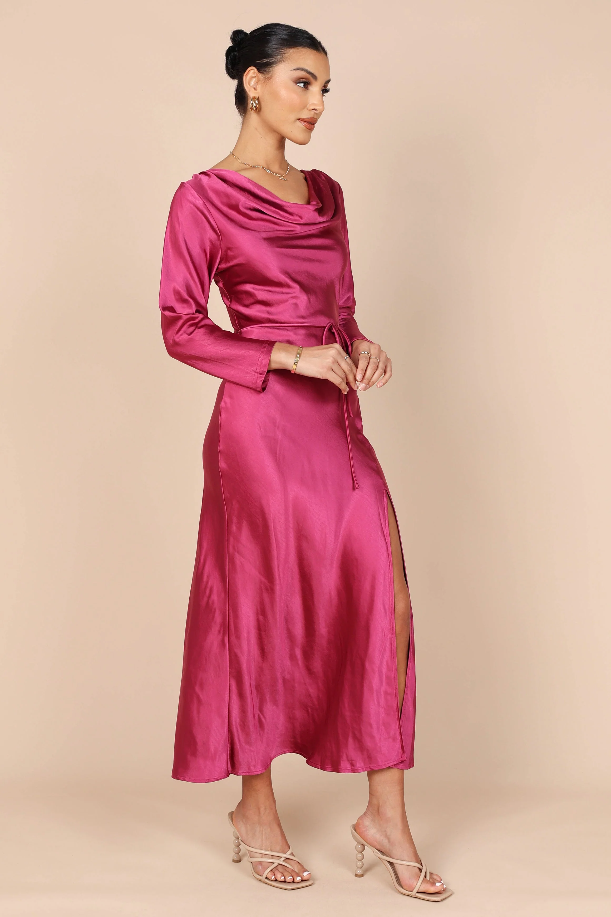 Patia Cowl Neck Long Sleeve Midi Dress - Fuchsia