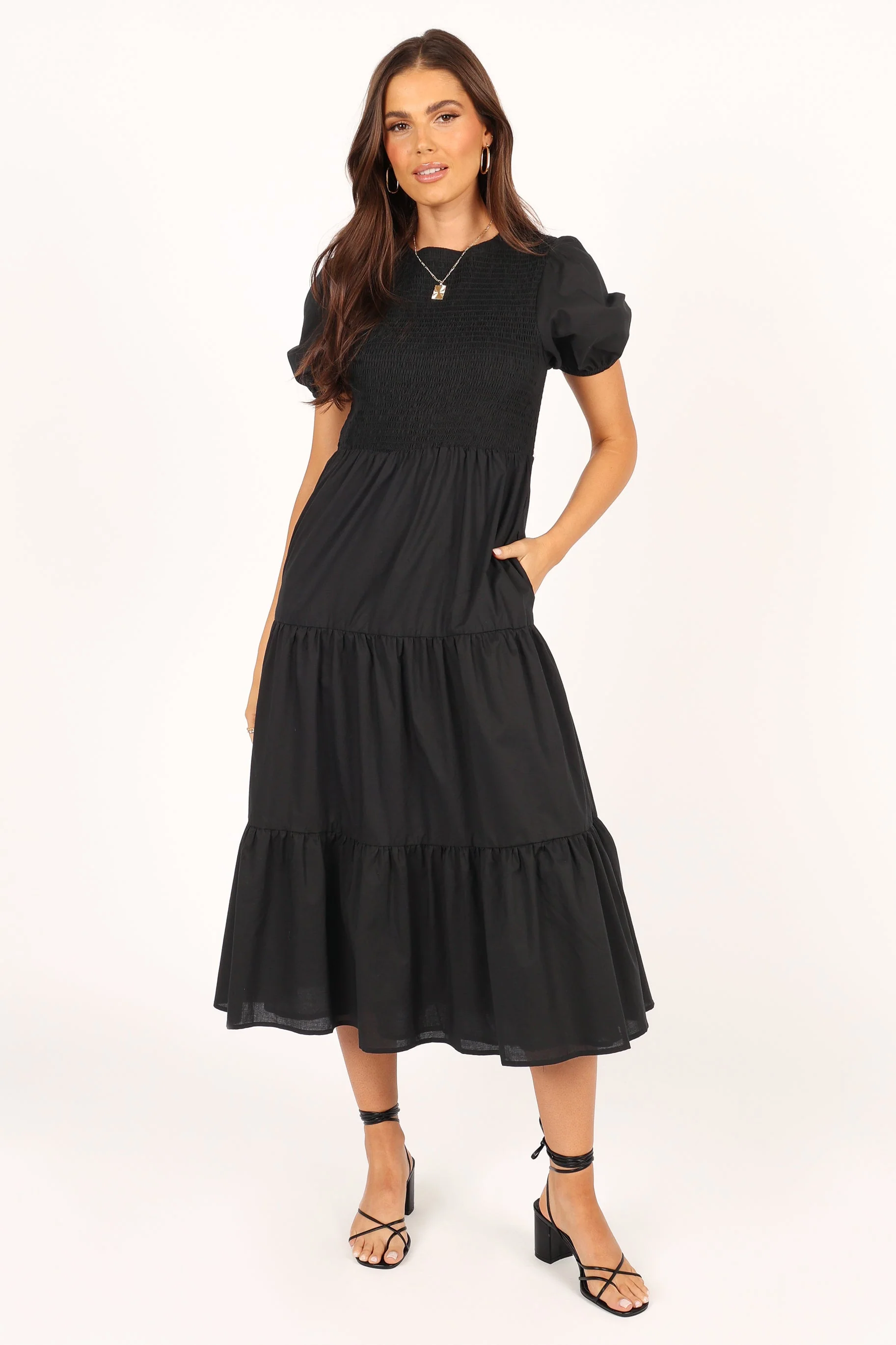 Naura Shirred Tiered Midi Dress - Black