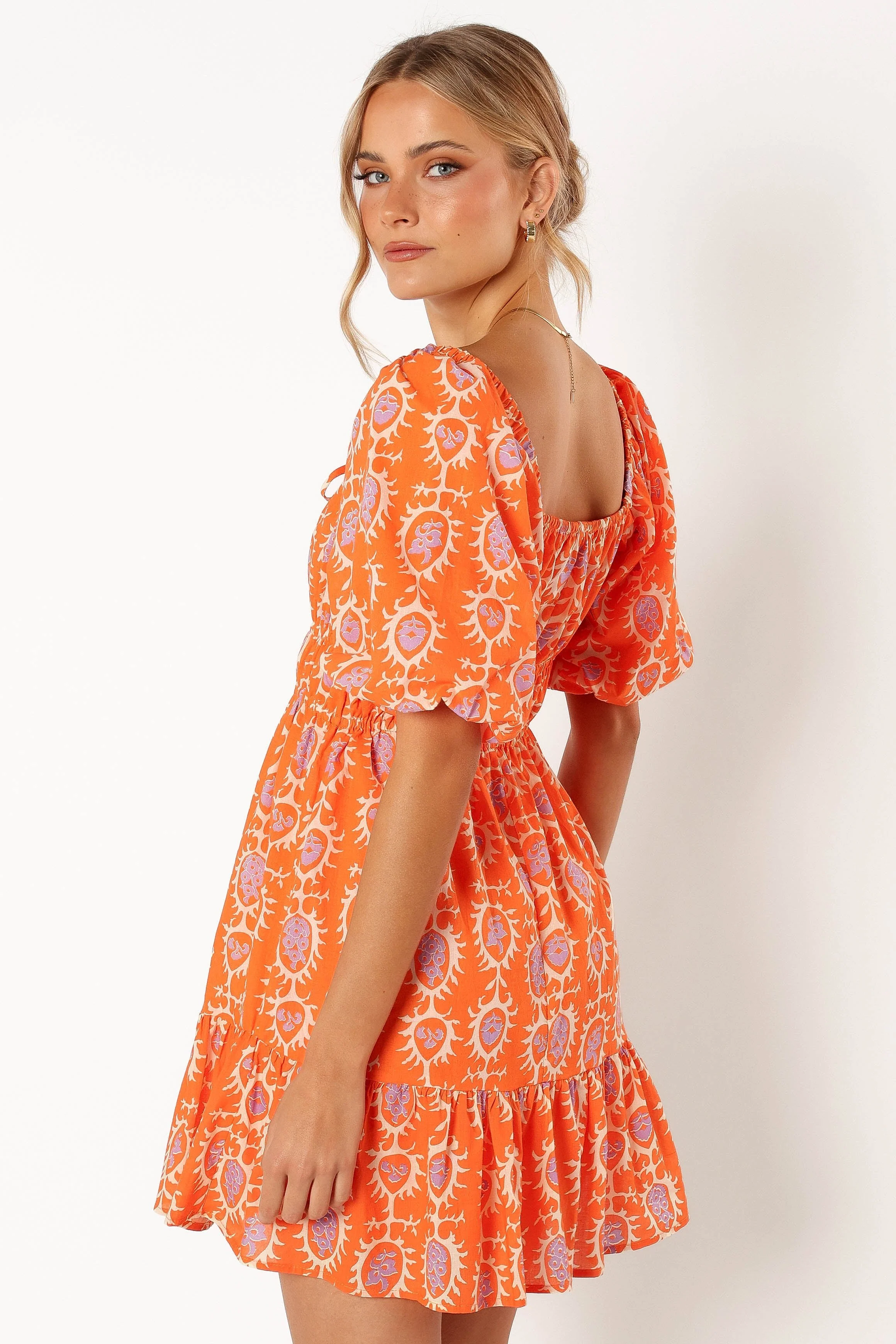 Carmen Off Shoulder Mini Dress - Orange Print