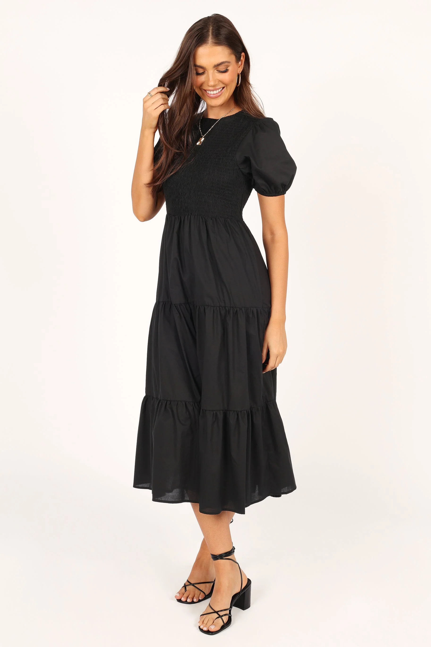 Naura Shirred Tiered Midi Dress - Black