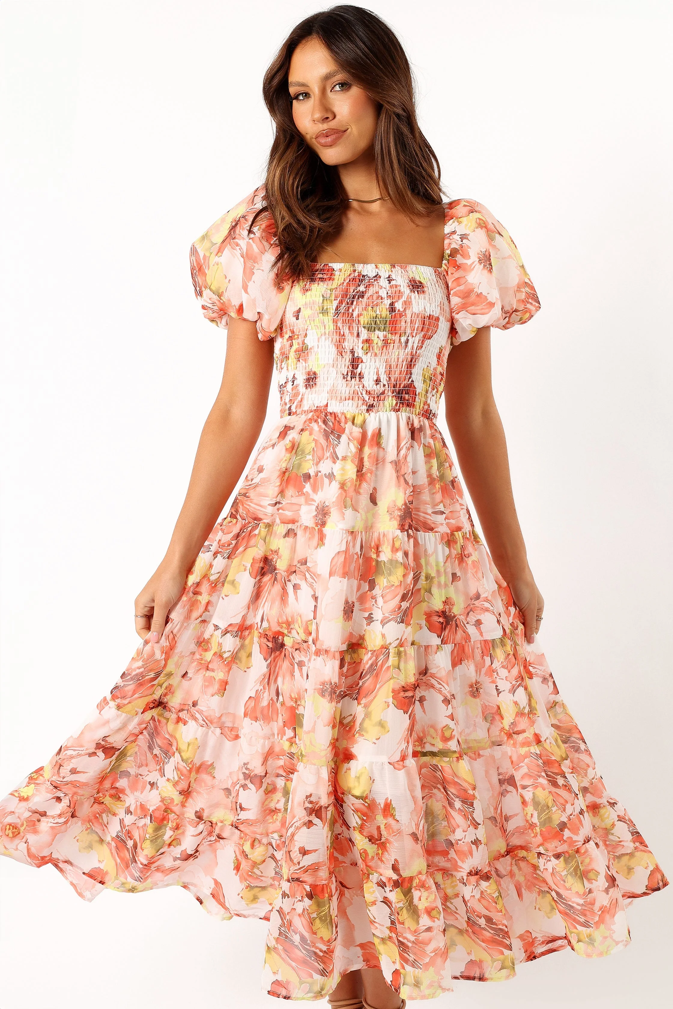 Jolie Puff Sleeve Midi Dress - Coral