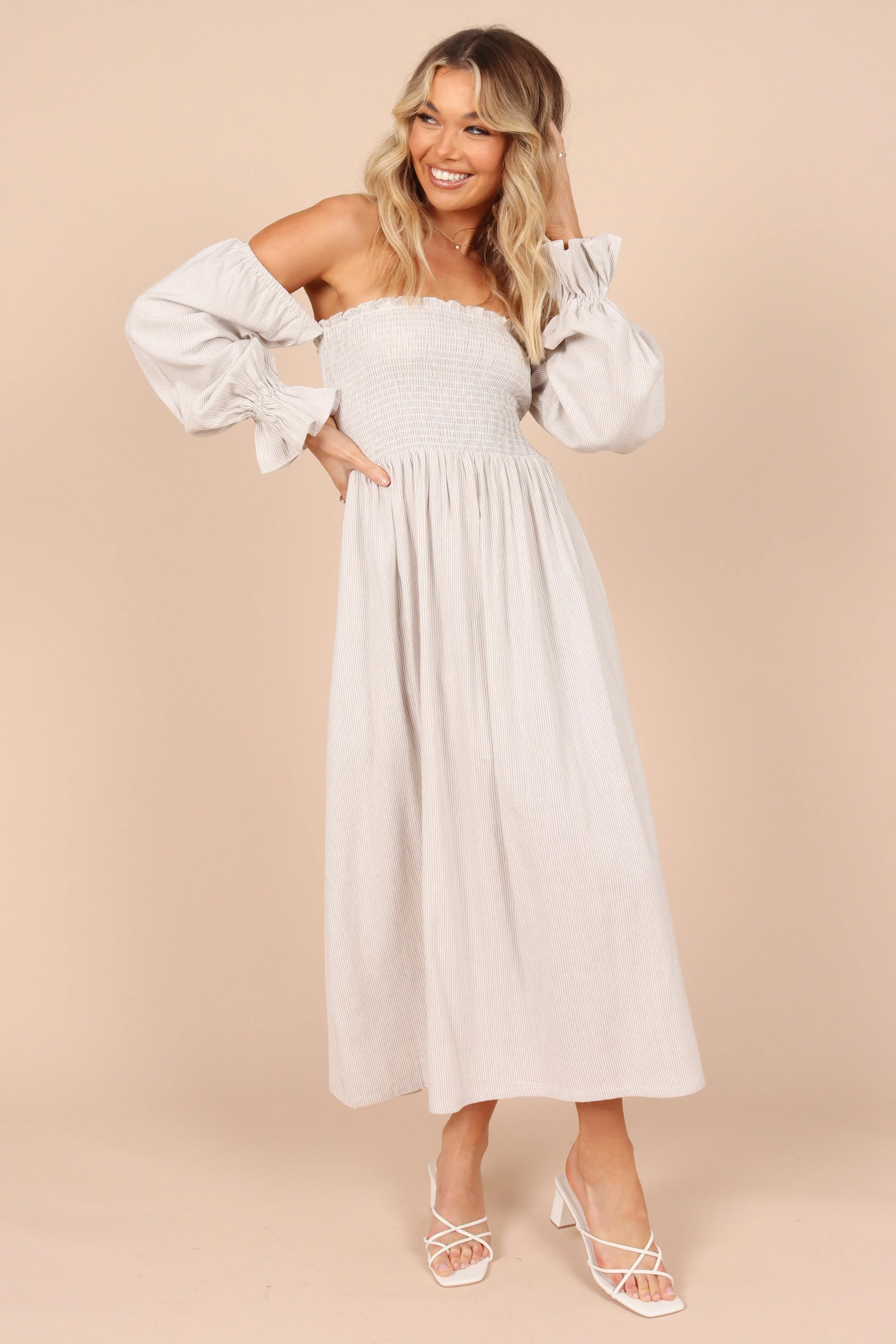 Domenica Shirred Long Sleeve Midi Dress - Beige Stripe