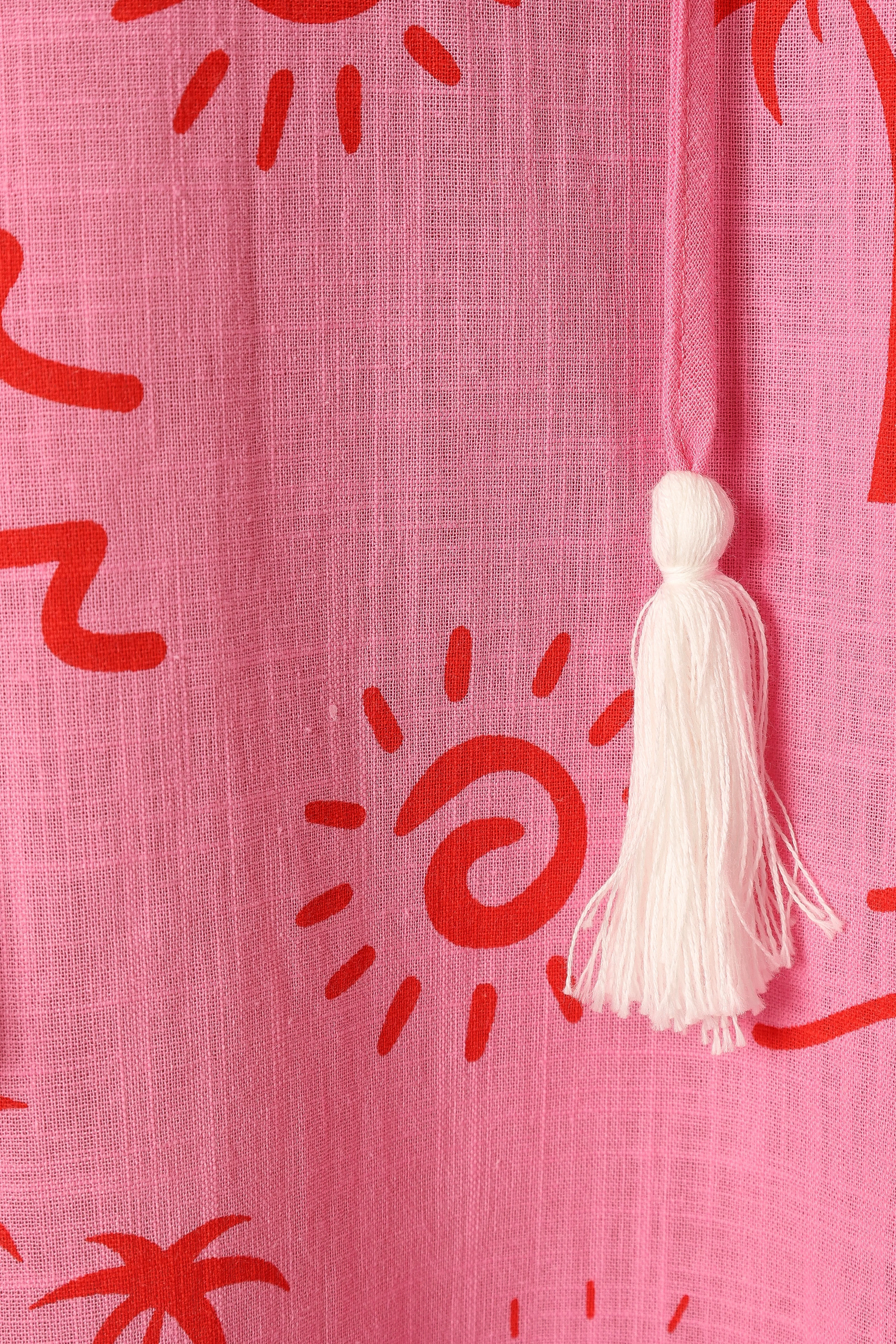 Laila Long Sleeve Linen Mini Dress - Pink Red