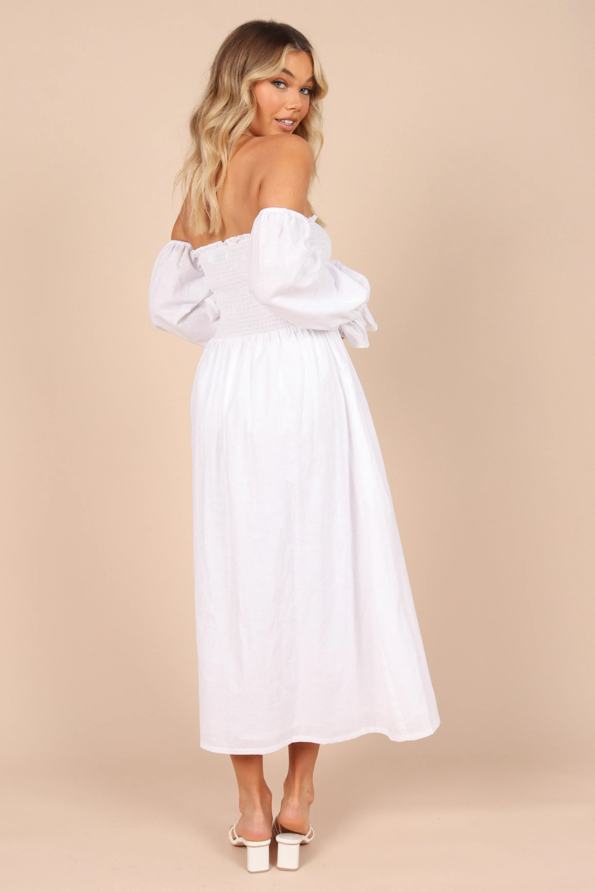 Domenica Shirred Long Sleeve Midi Dress - White
