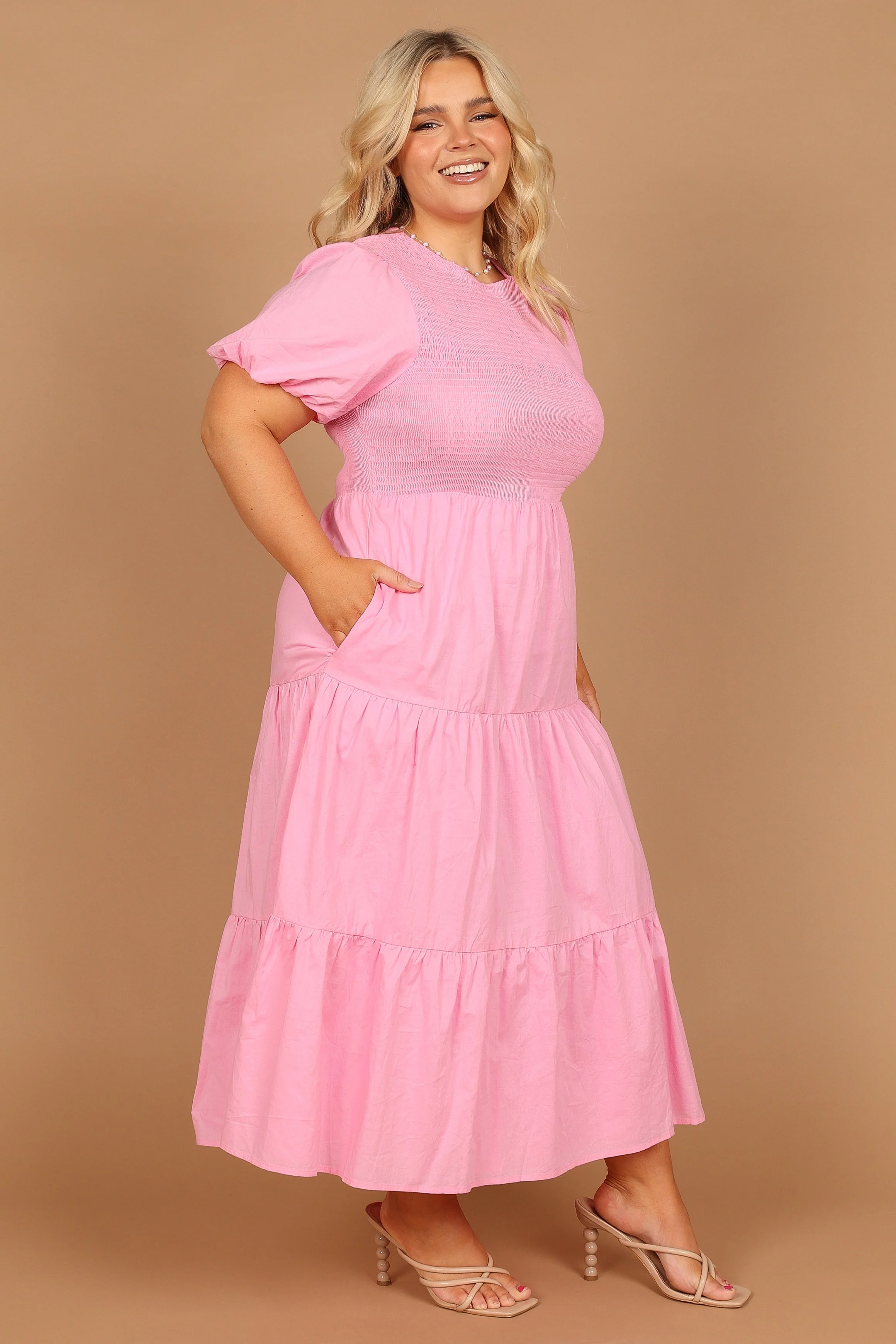 Naura Shirred Tiered Midi Dress - Pink