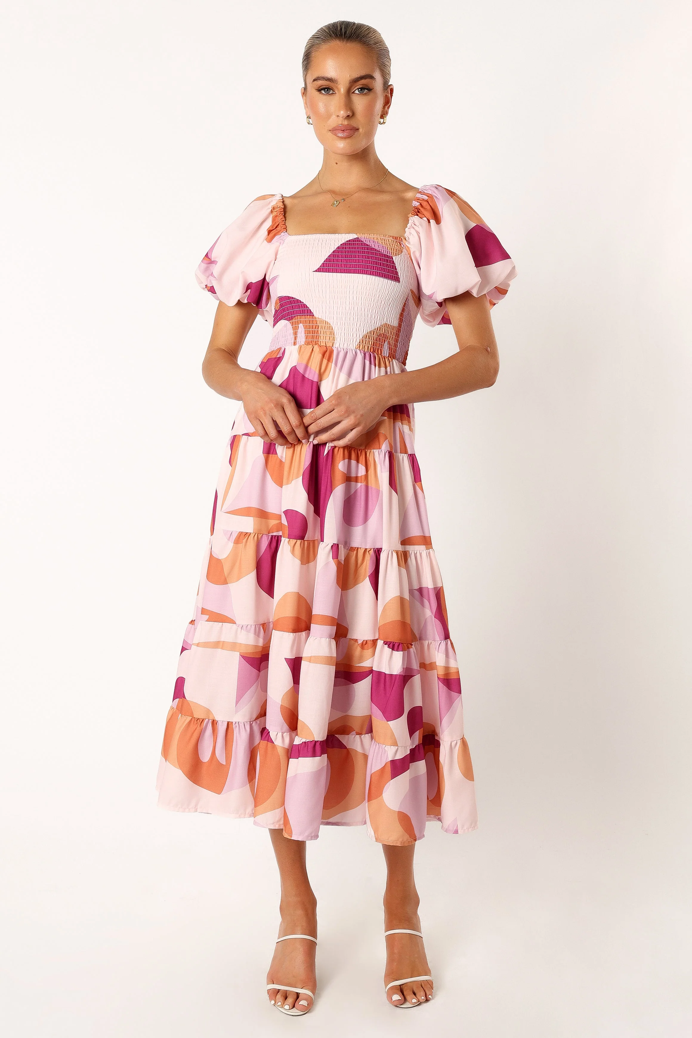 Mollie Puff Sleeve Midi Dress - Pink Swirl