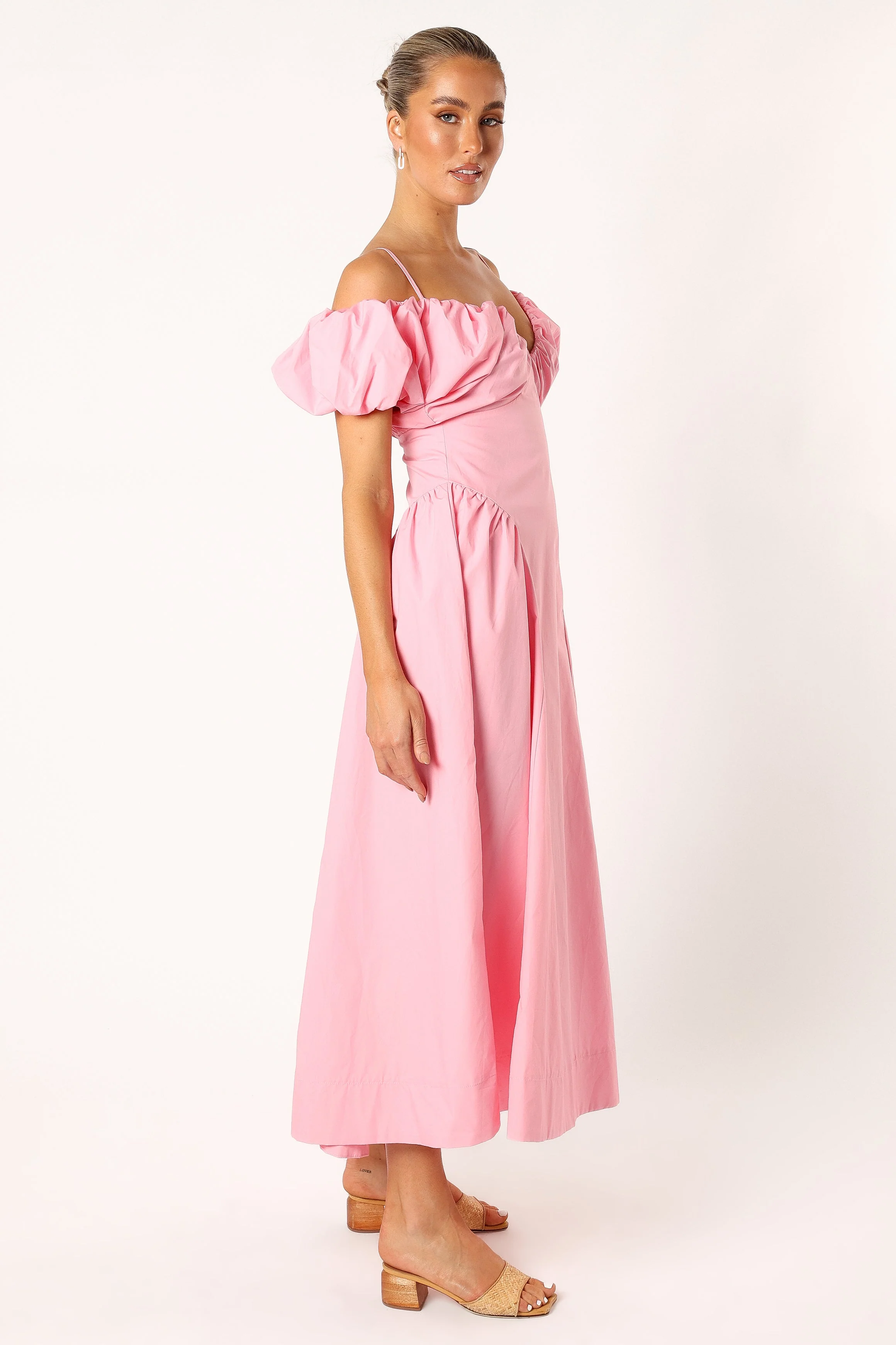 Liner Puff Sleeve Midi Dress - Pink