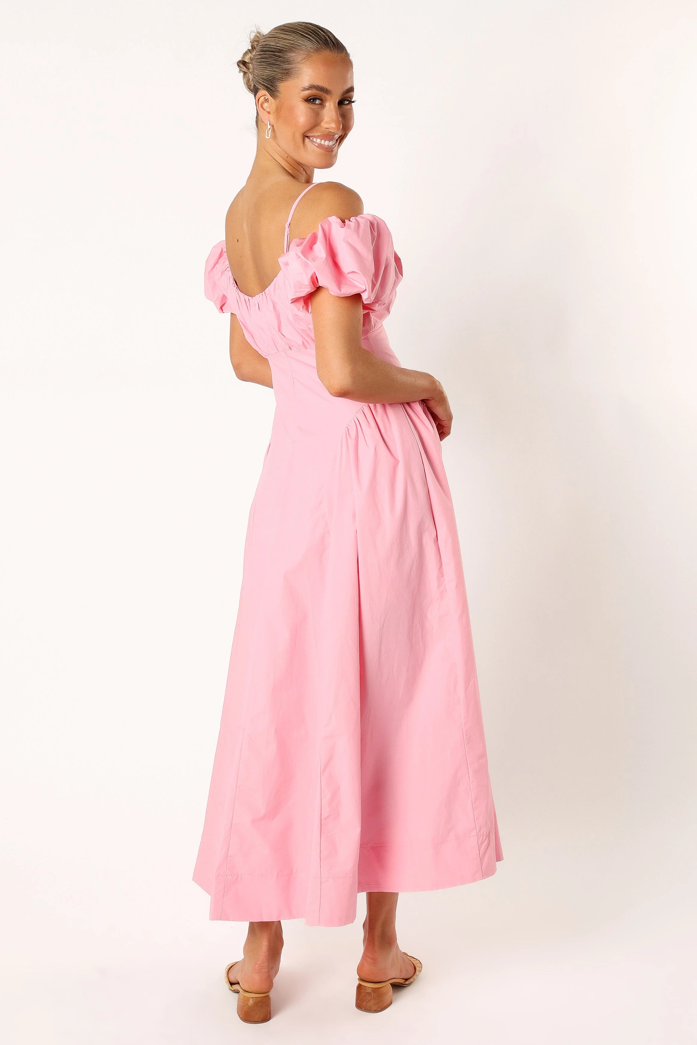 Liner Puff Sleeve Midi Dress - Pink