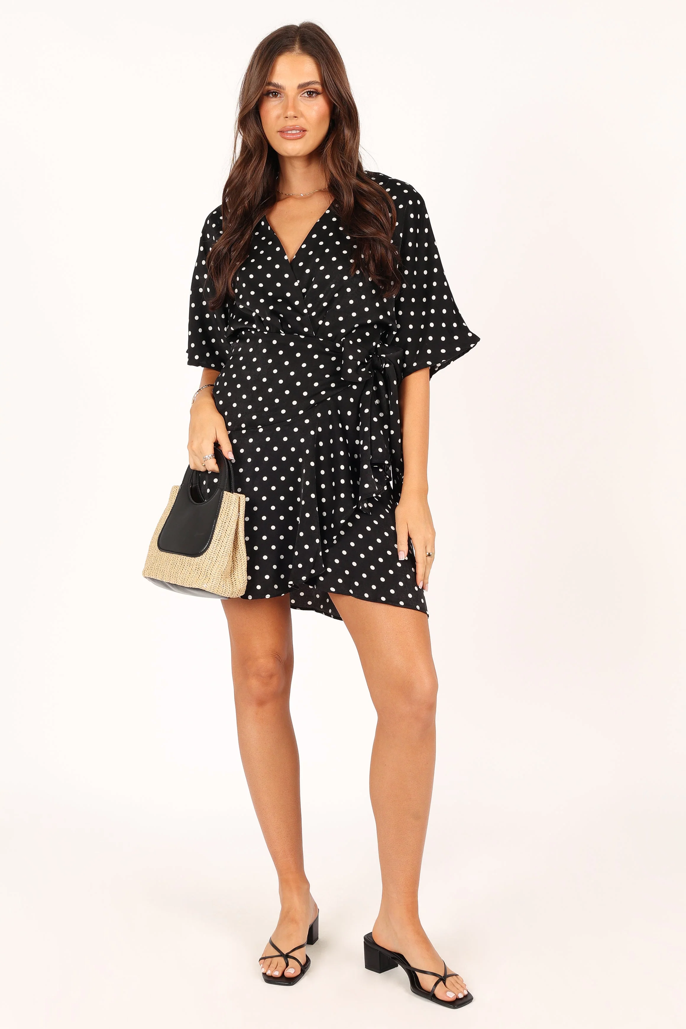 Quest Mini Wrap Dress - Black White Polka Dot