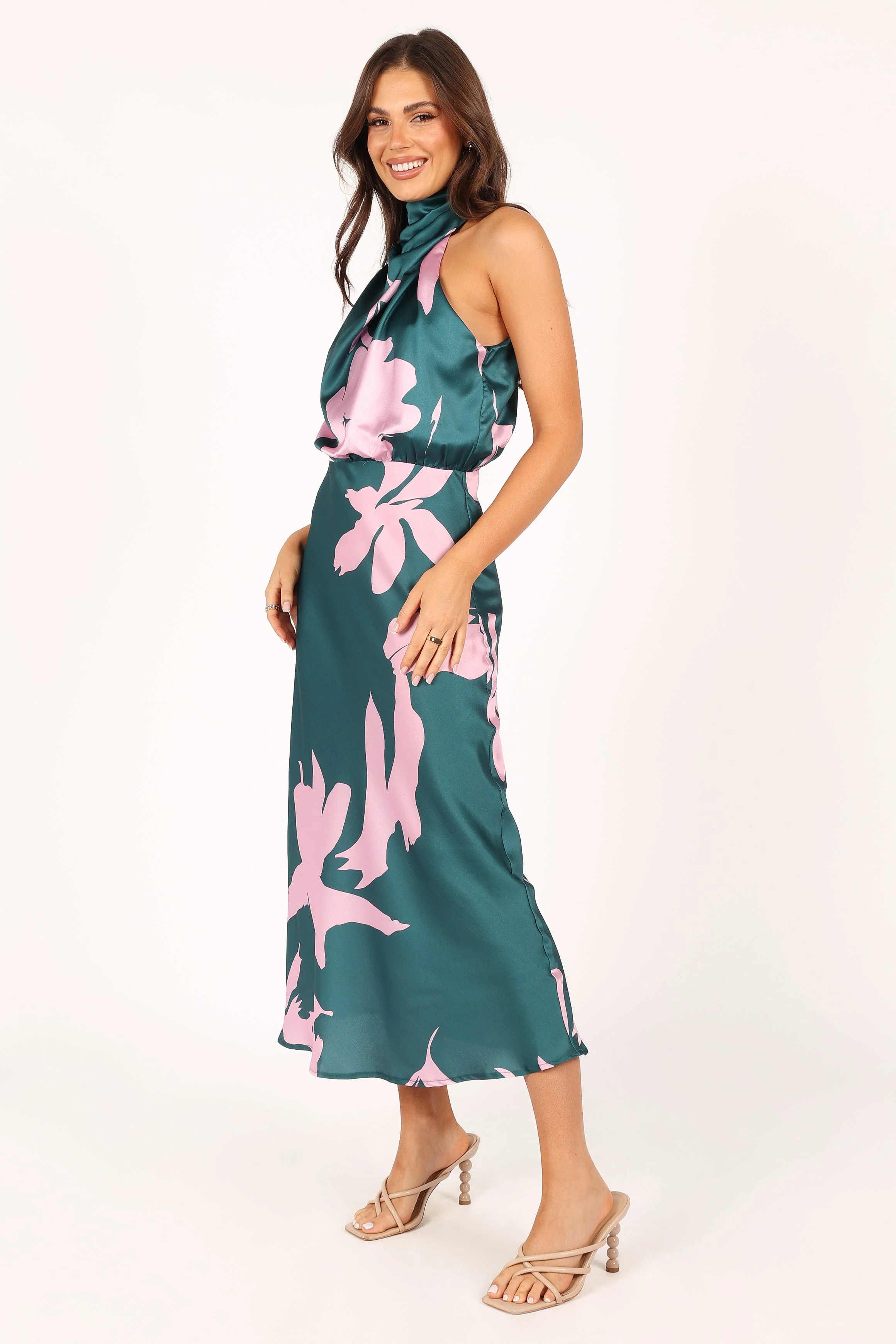 Anabelle Halter Neck Midi Dress - Green Pink