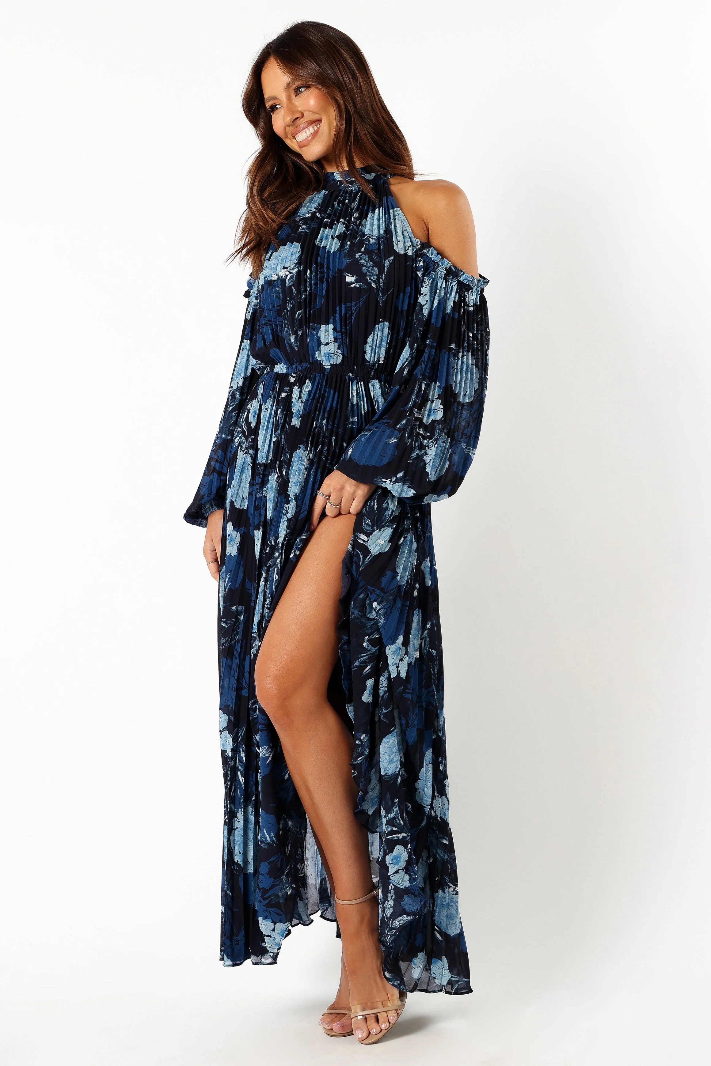 Hilary Pleated Maxi Dress - Blue Floral