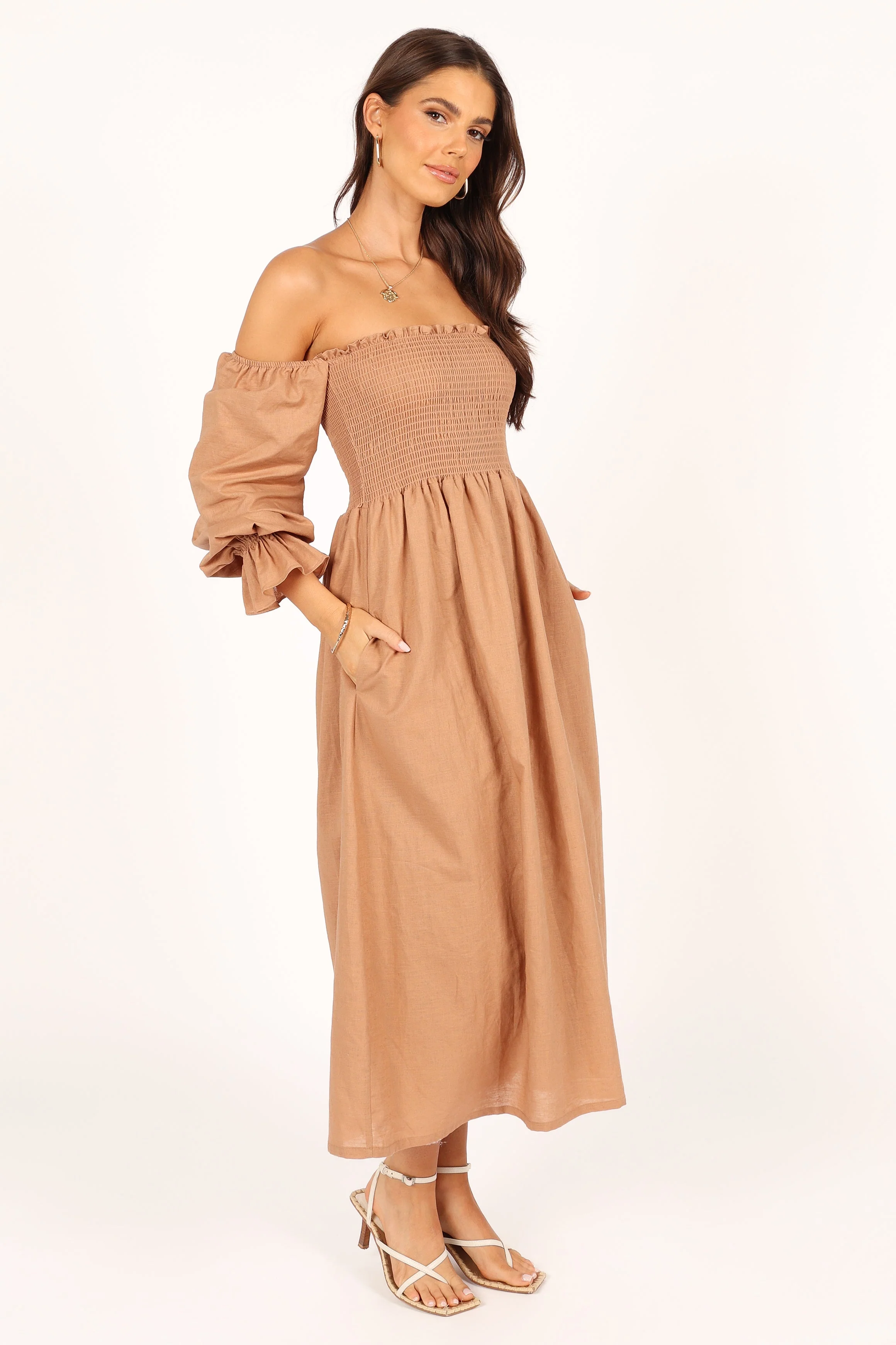 Domenica Shirred Long Sleeve Midi Dress - Tan