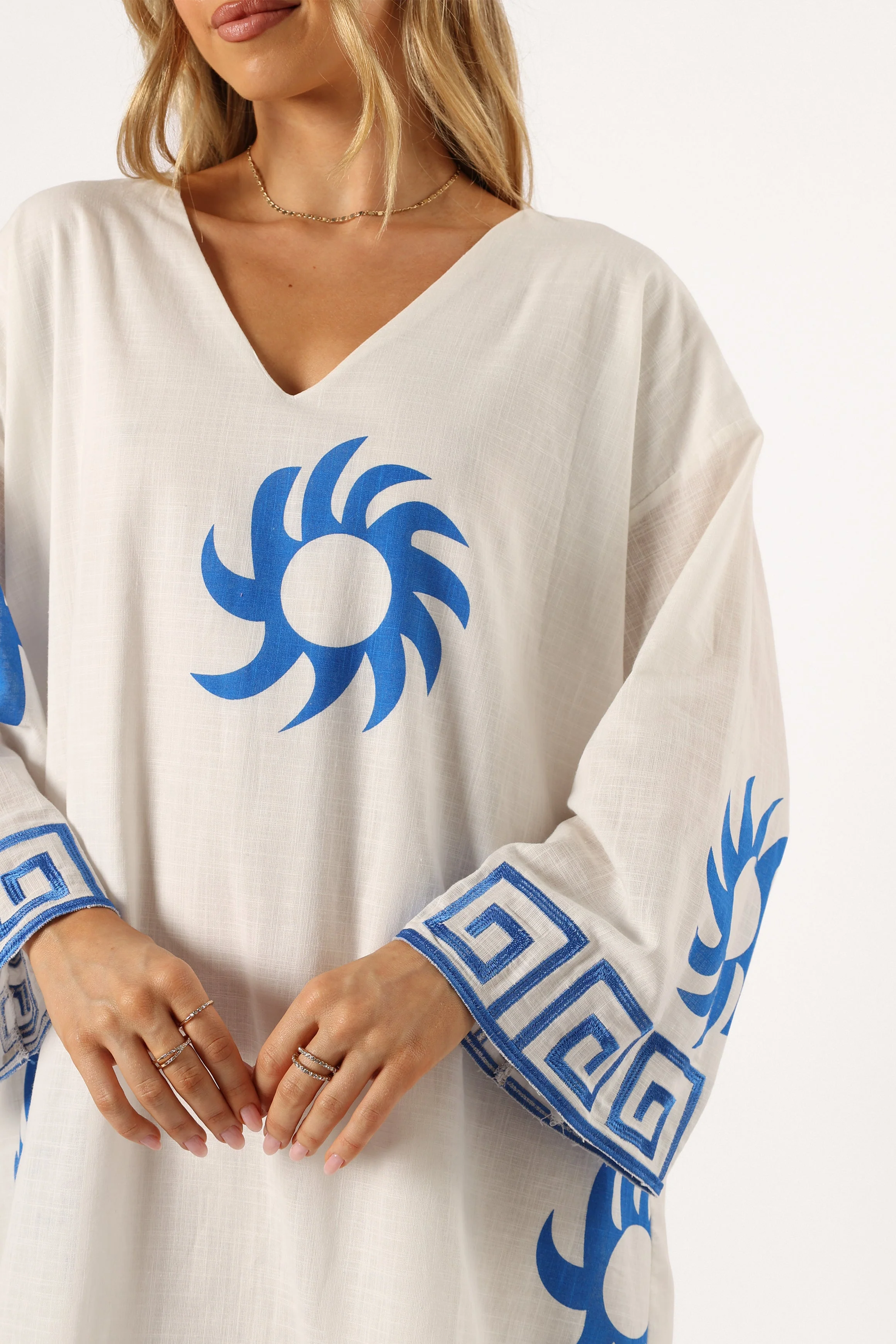 Bondi Long Sleeve Linen Mini Dress - White Blue