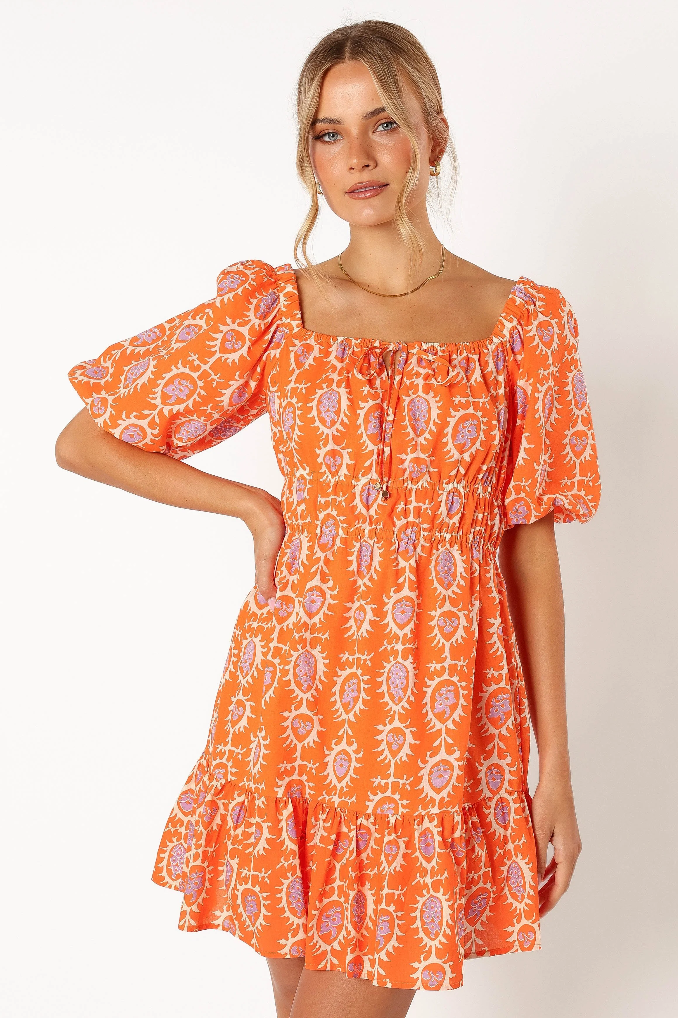 Carmen Off Shoulder Mini Dress - Orange Print