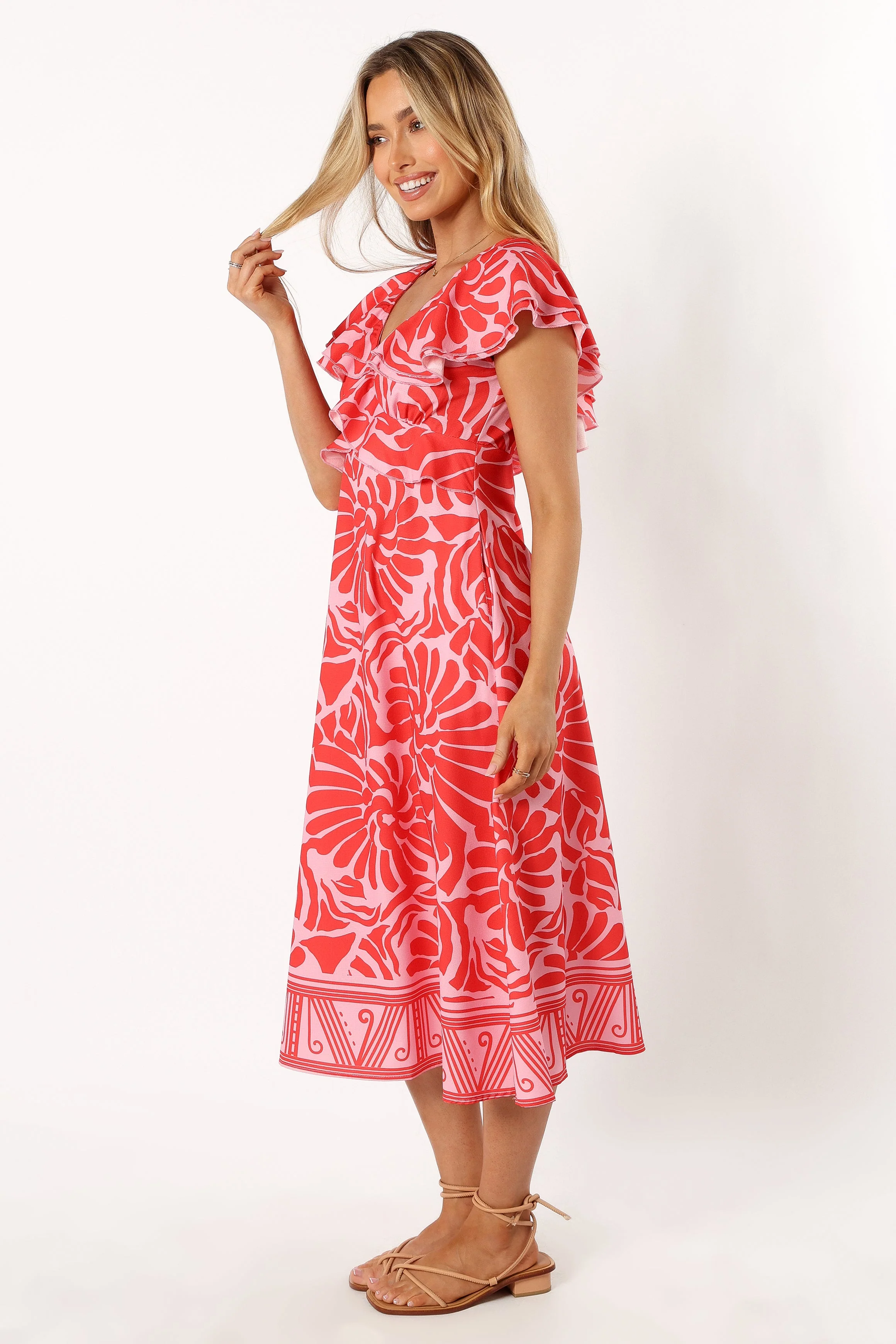 Harris Frill Sleeve Midi Dress - Red Pink