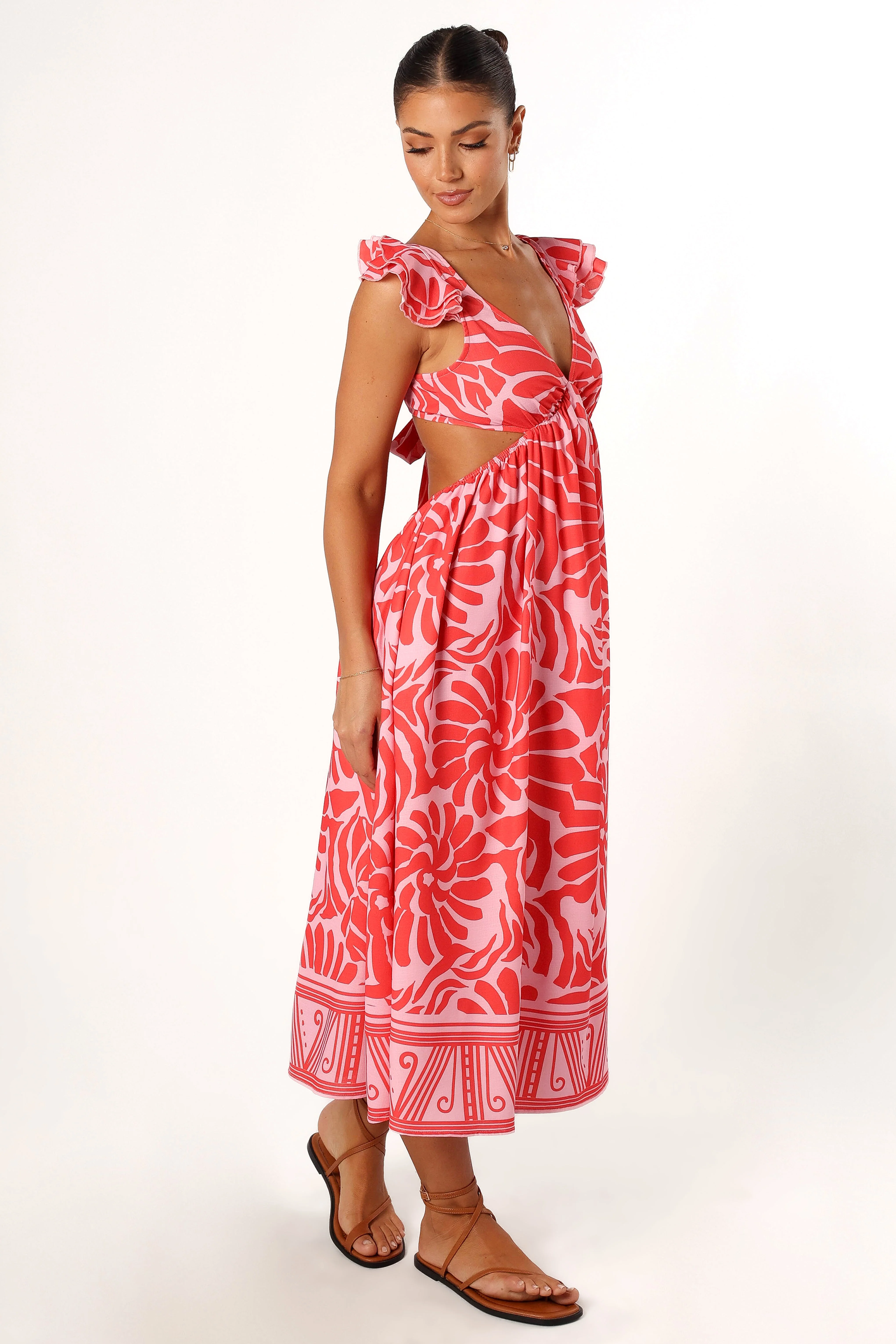 Denali Midi Dress - Red Pink Print