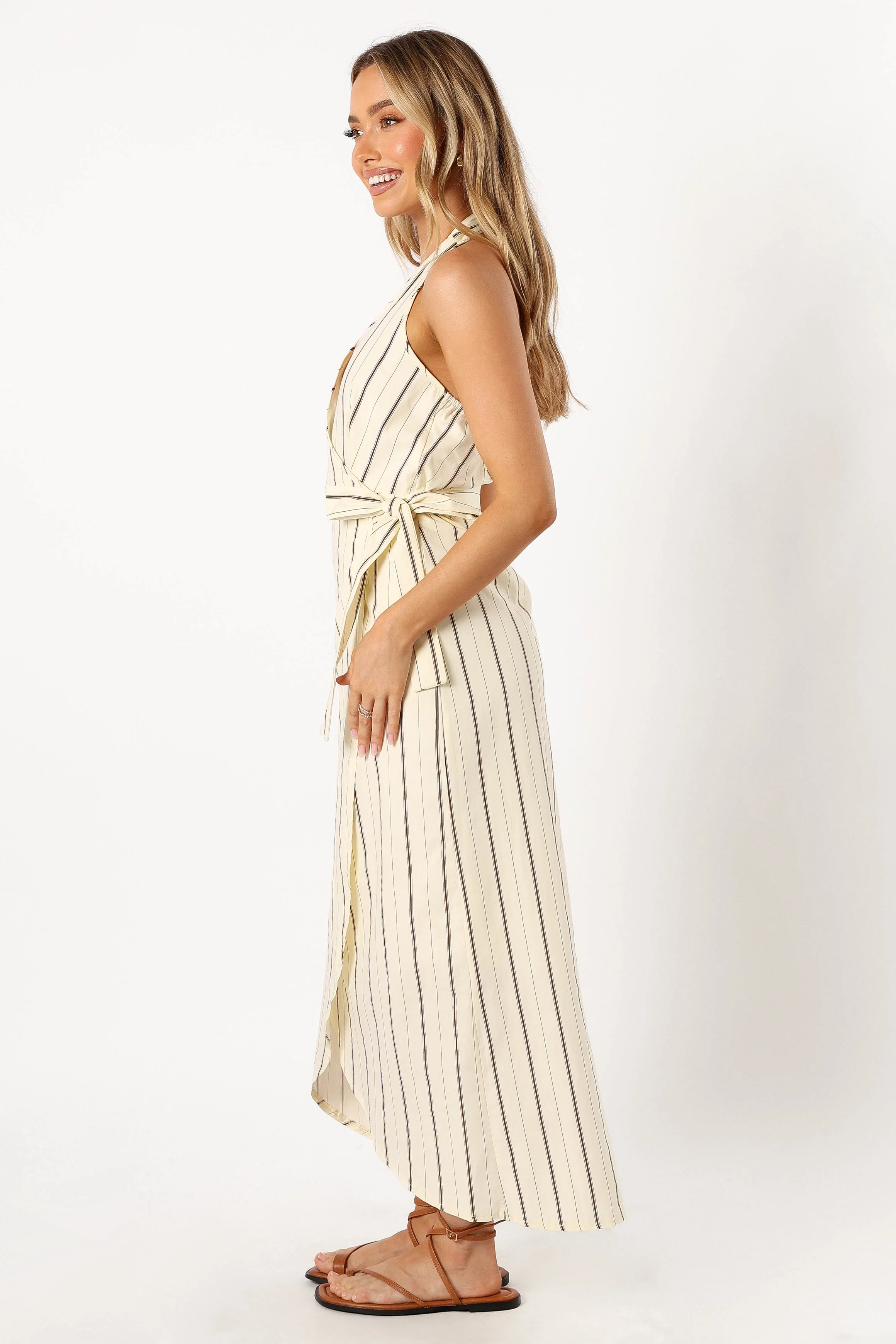 Abigail Wrap Midi Dress - Beige Stripe