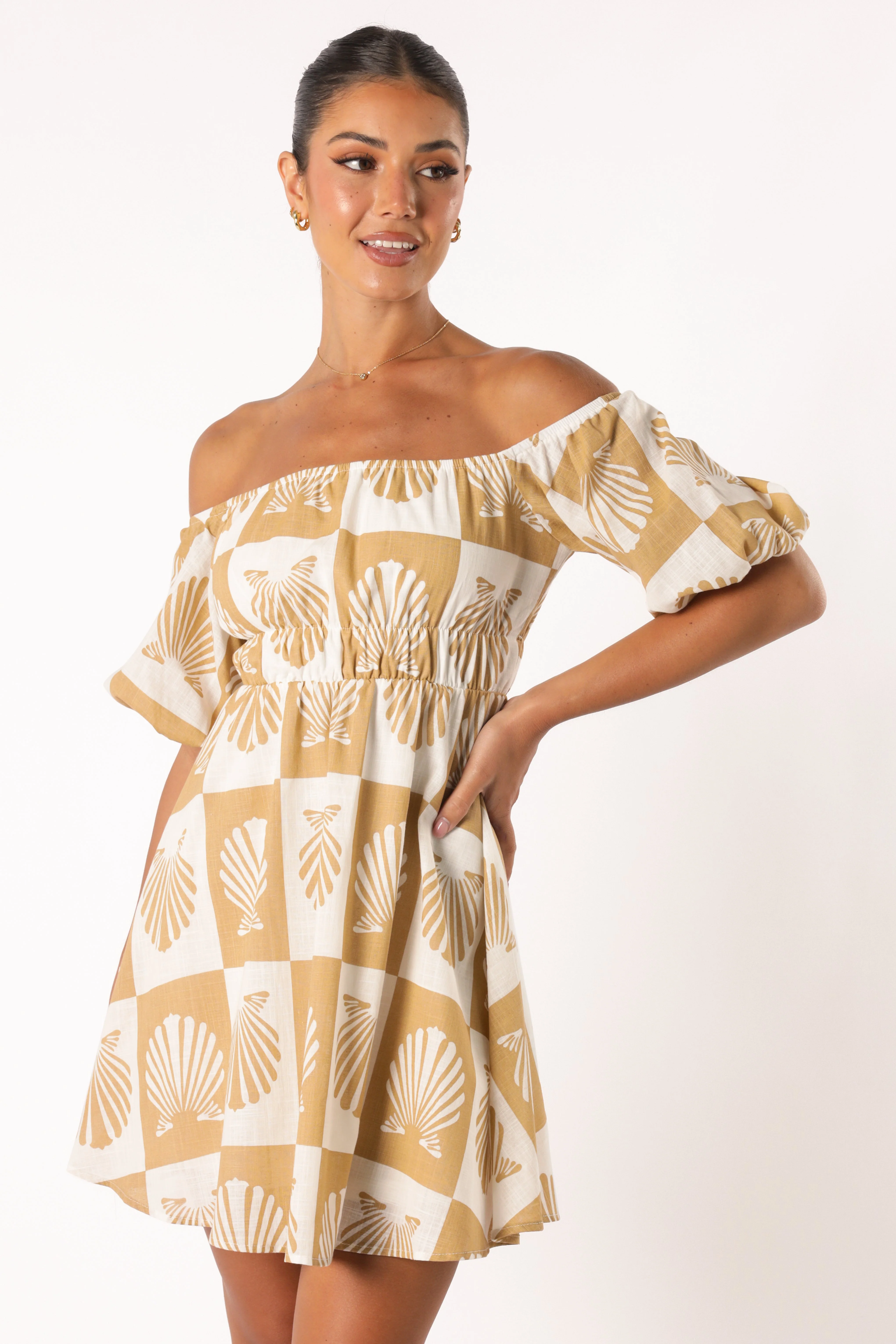 Rocco Off Shoulder Mini Dress - Tan