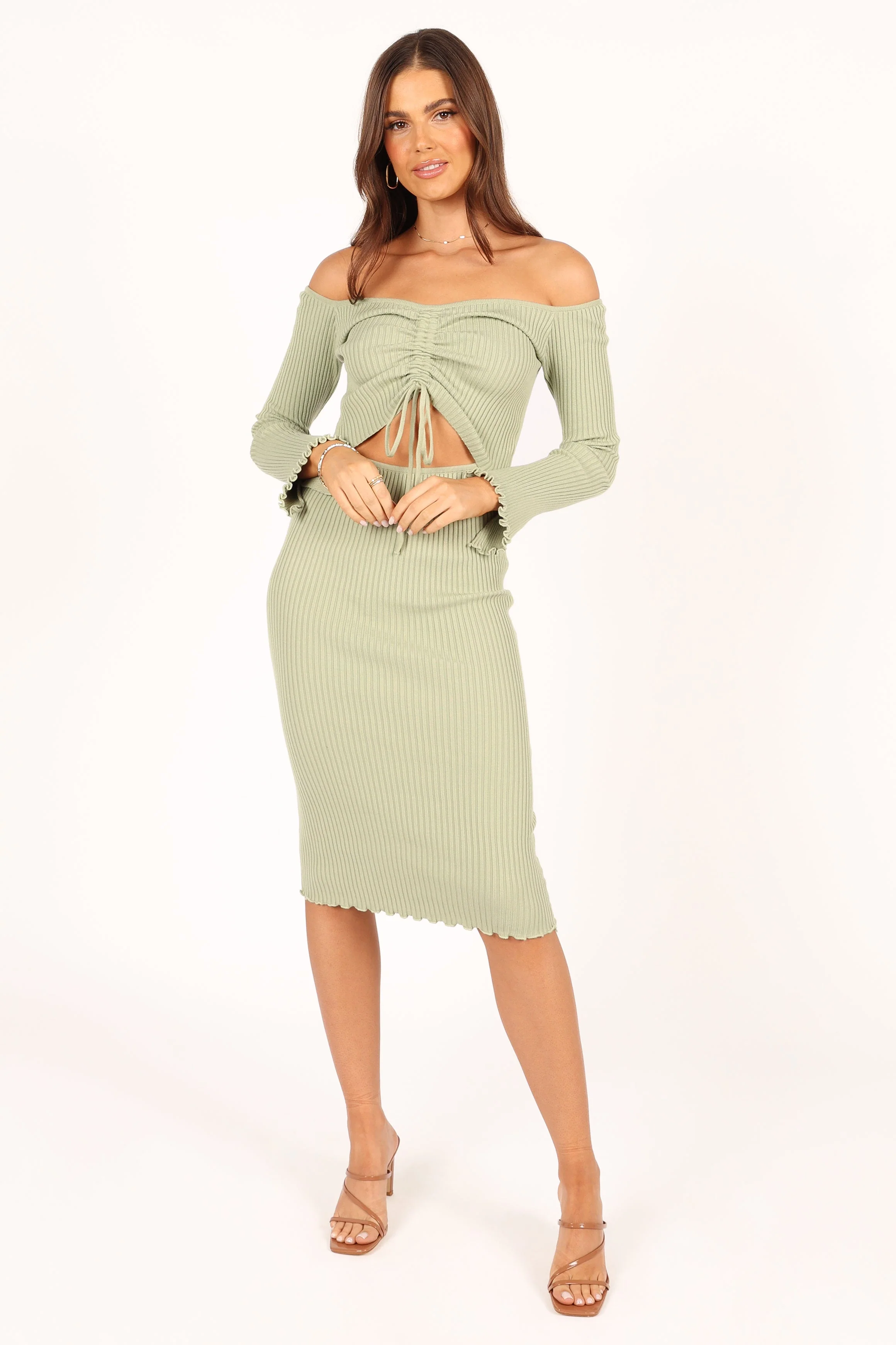 Geneva Off Shoulder Midi Dress - Sage