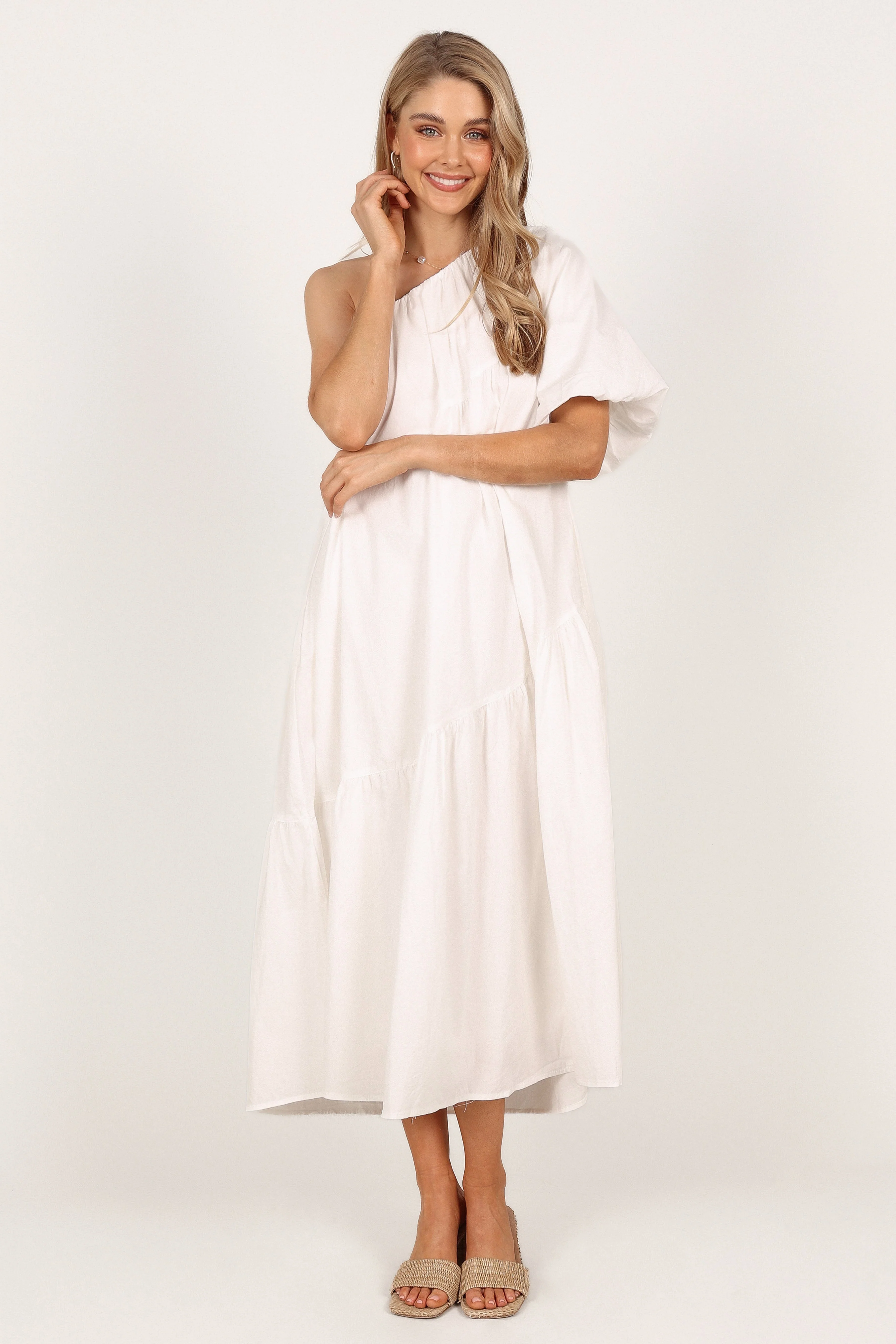 Stephanie One Shoulder Puff Sleeve Midi Dress - White