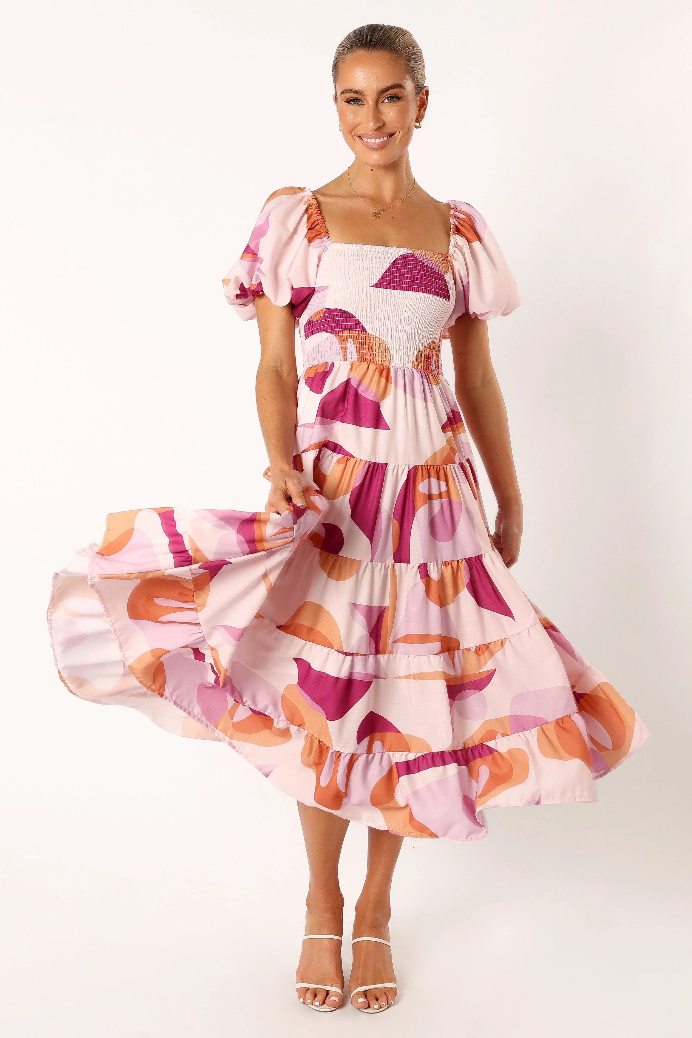 Mollie Puff Sleeve Midi Dress - Pink Swirl