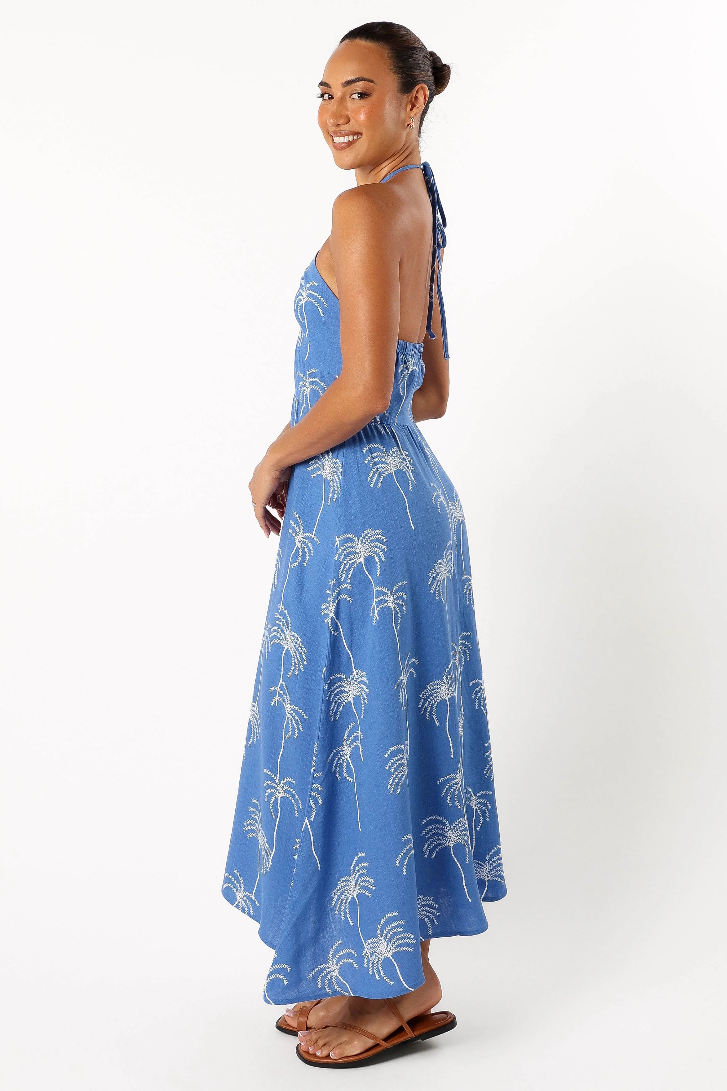 Granger Halterneck Midi Dress - Blue Palm Print