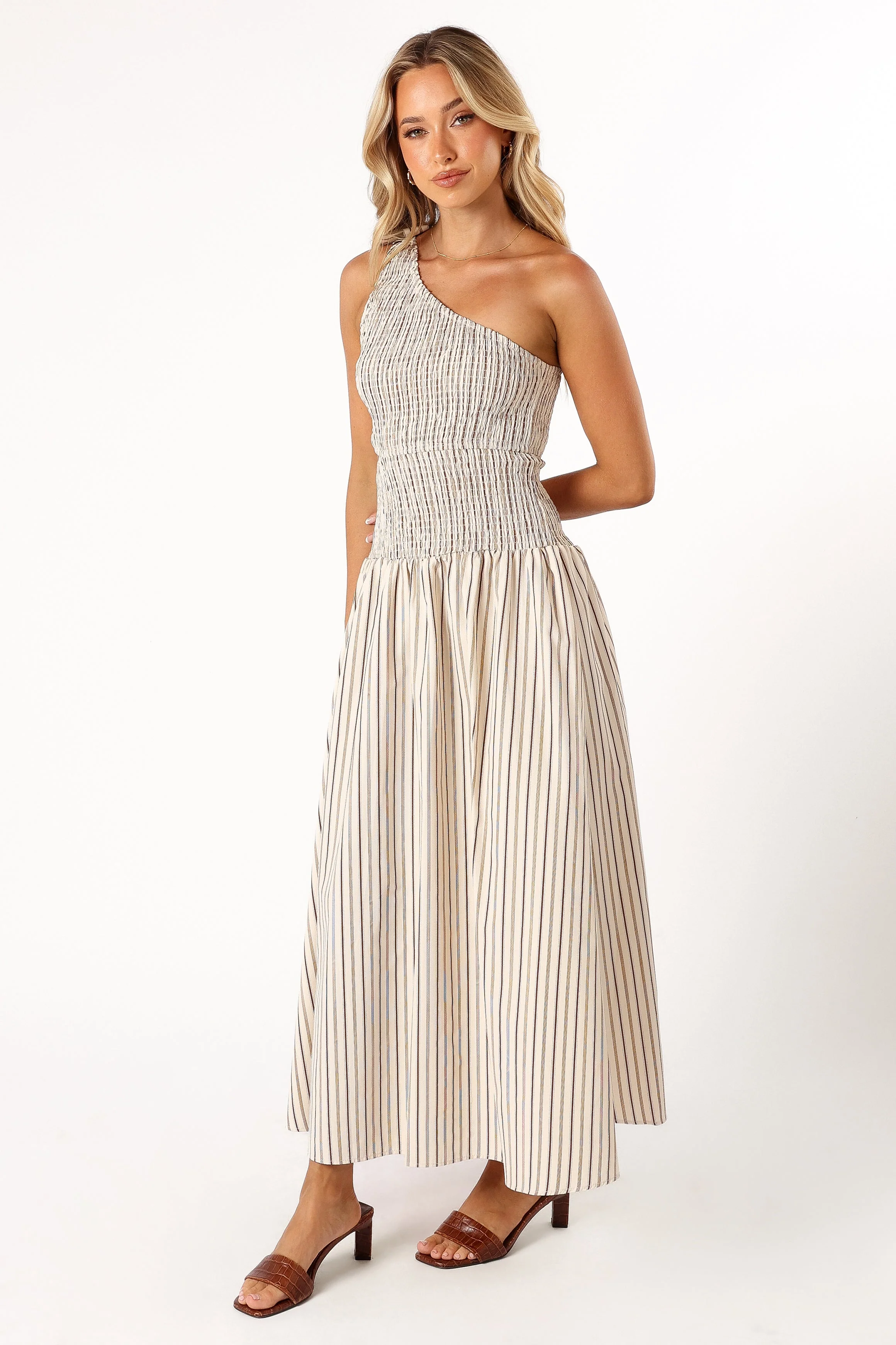 Jordana One Shoulder Midi Dress - Brown Stripe