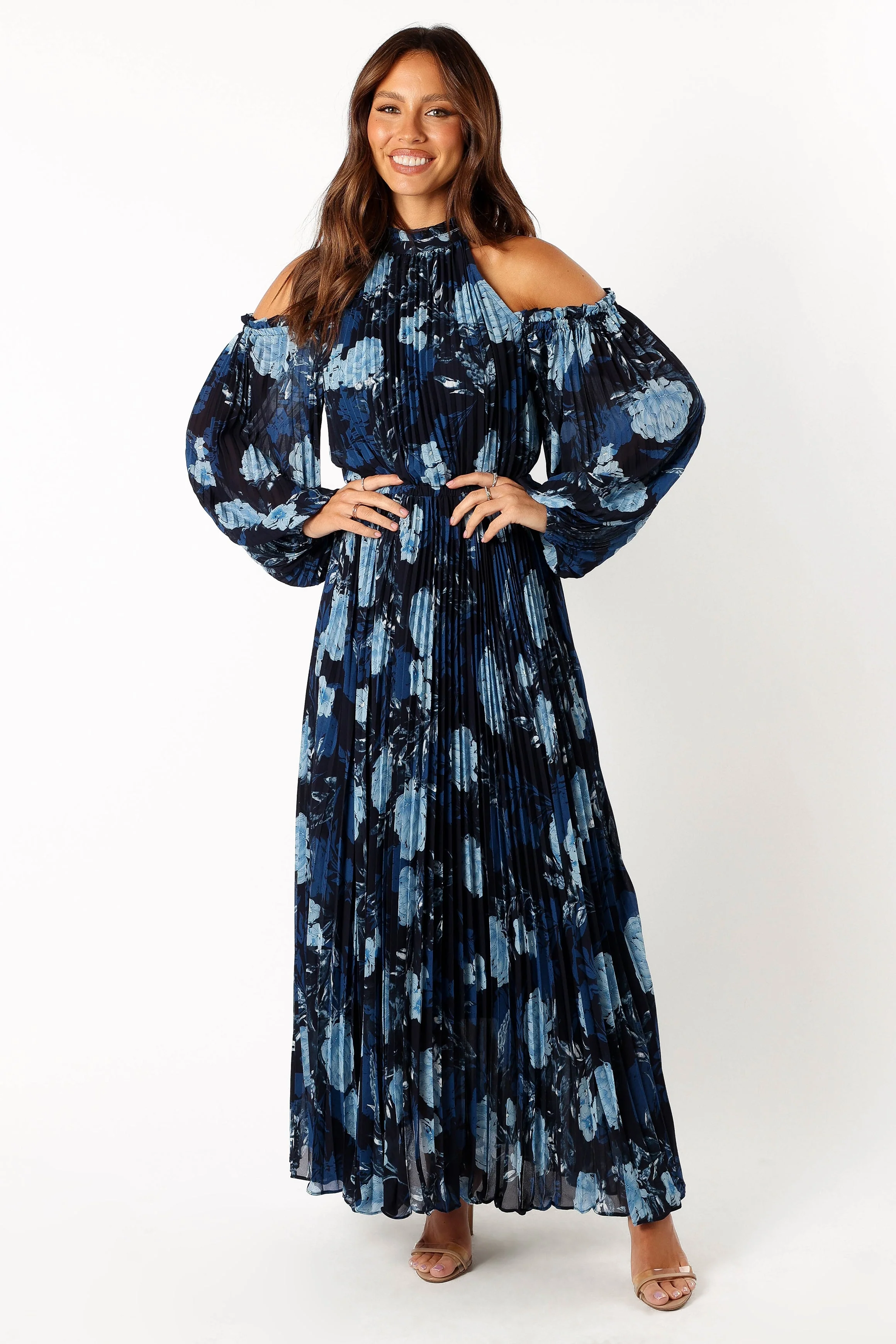 Hilary Pleated Maxi Dress - Blue Floral