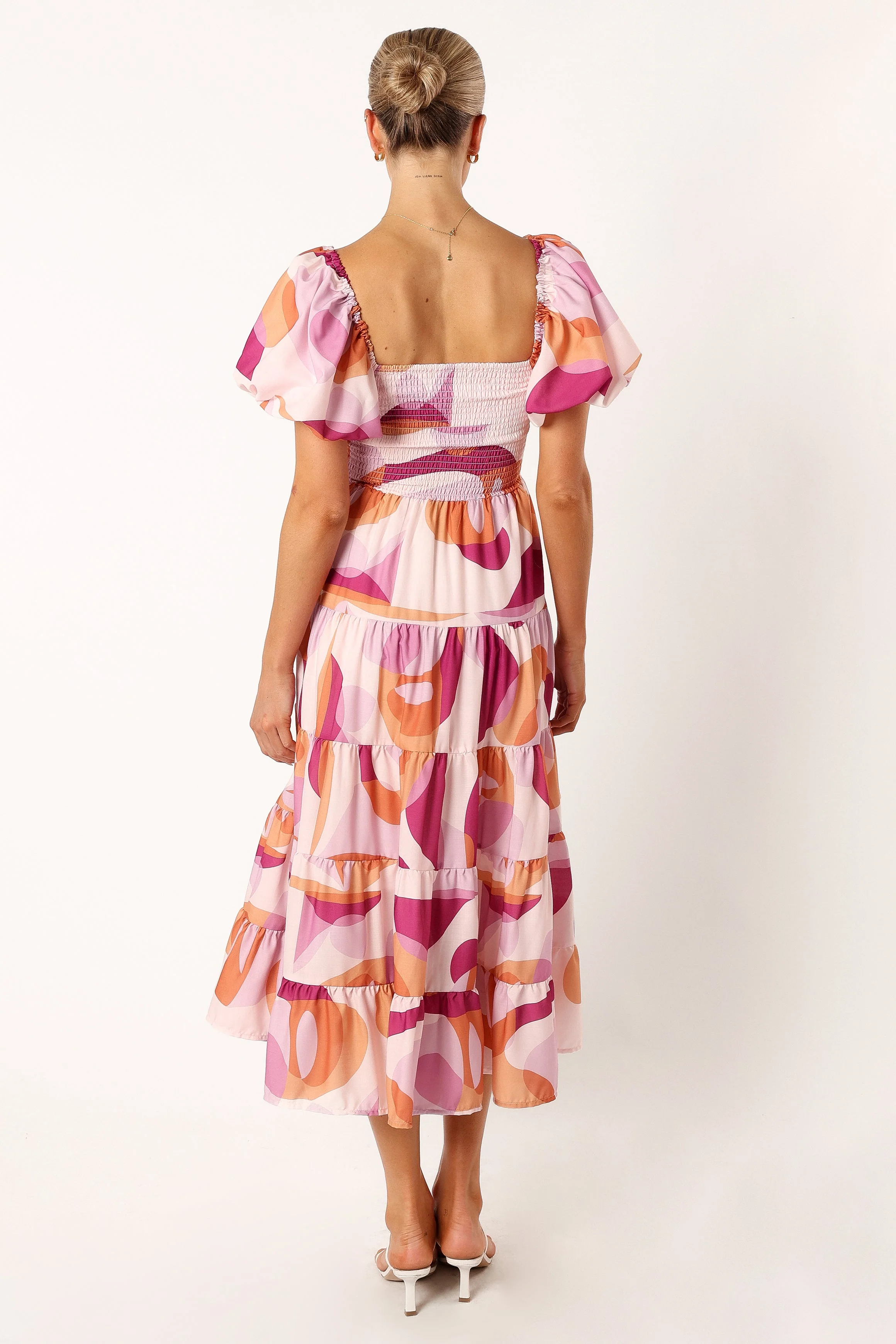 Mollie Puff Sleeve Midi Dress - Pink Swirl