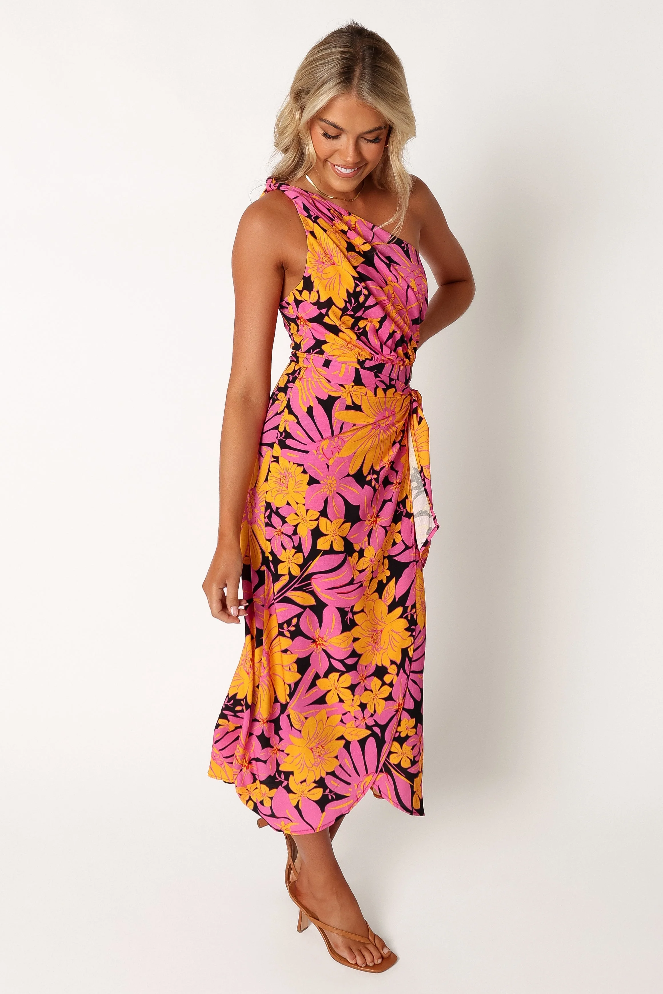 Clara One Shoulder Midi Dress - Black Floral