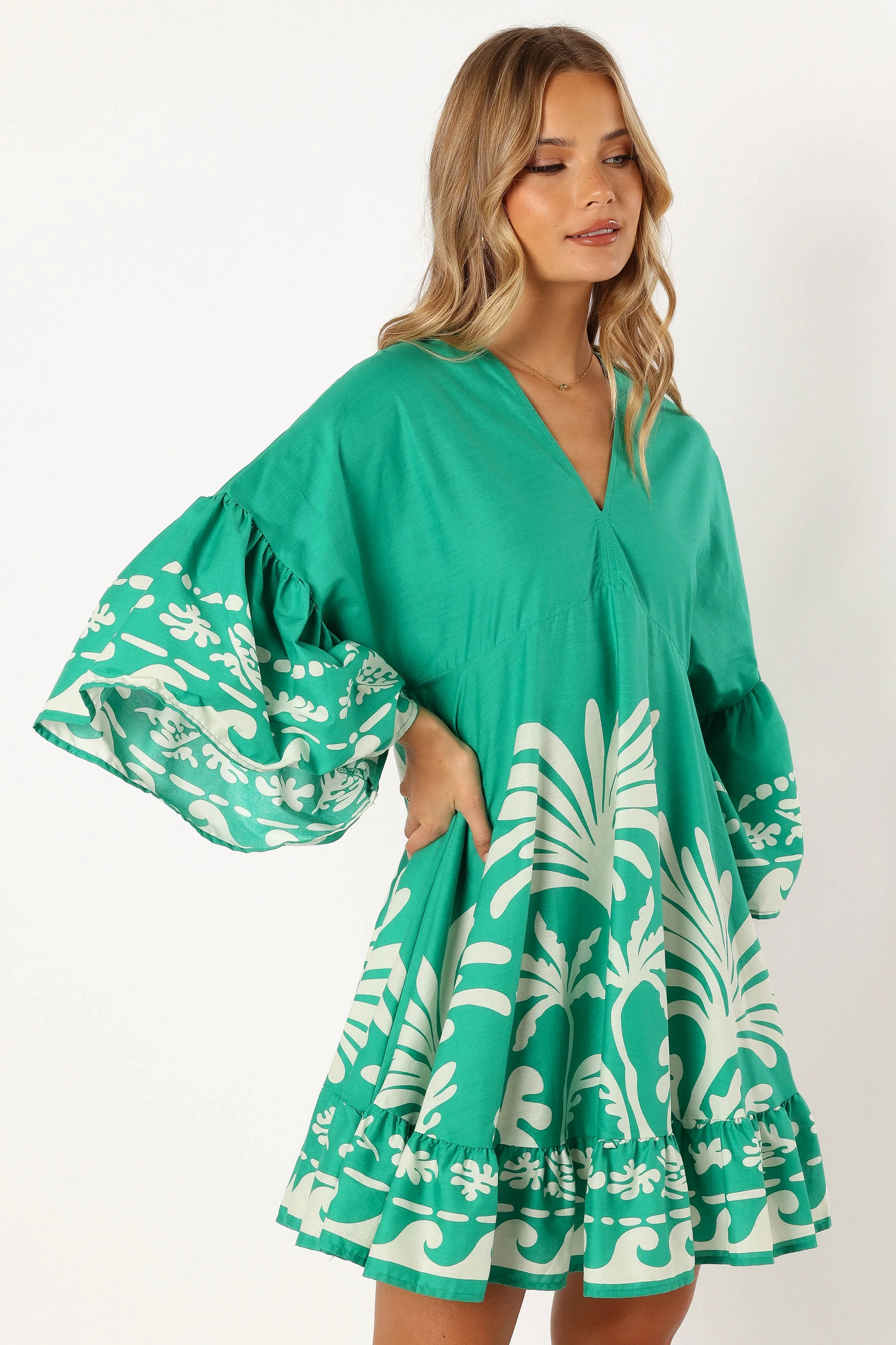Chicque Long Sleeve Mini Dress - Green Print