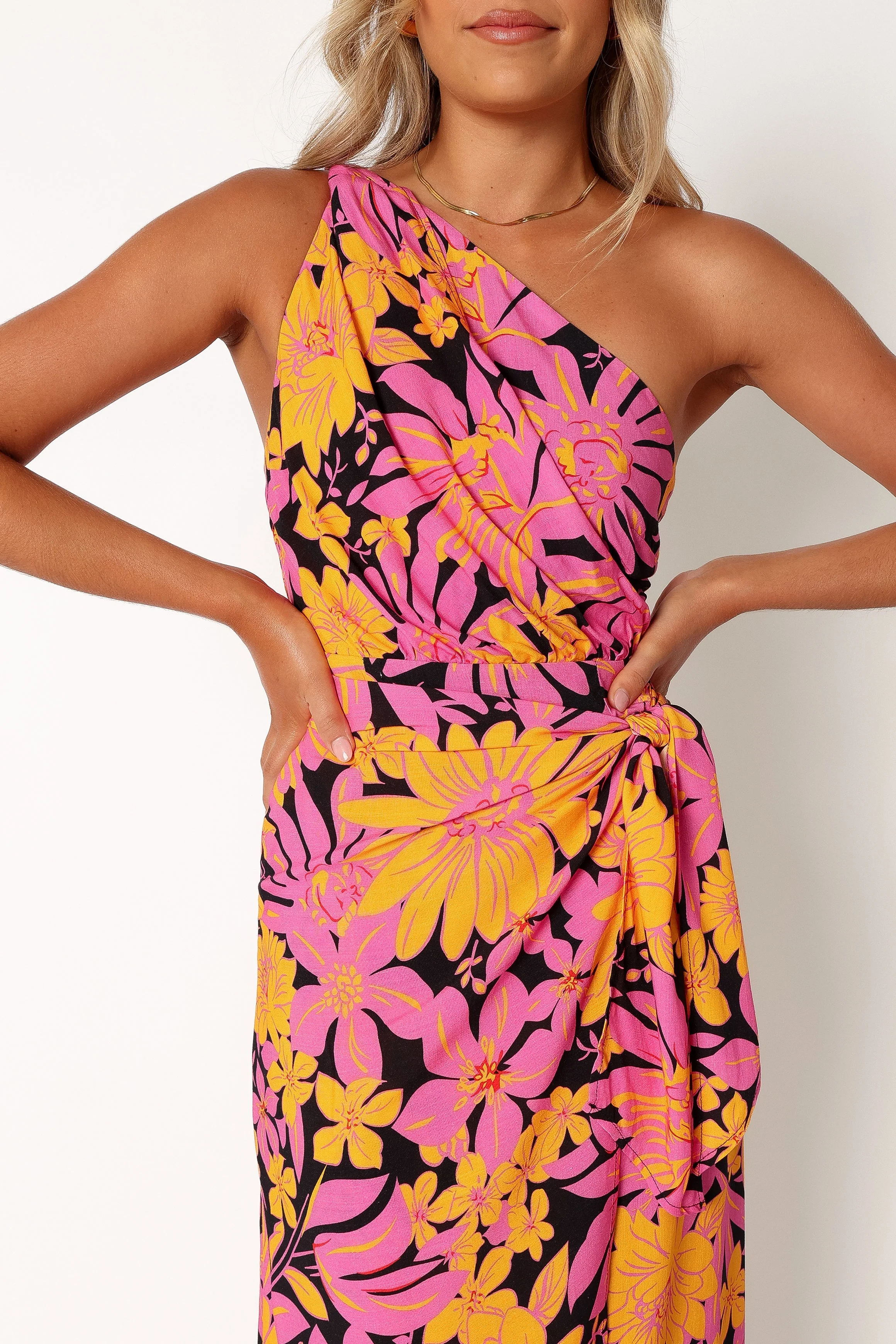 Clara One Shoulder Midi Dress - Black Floral