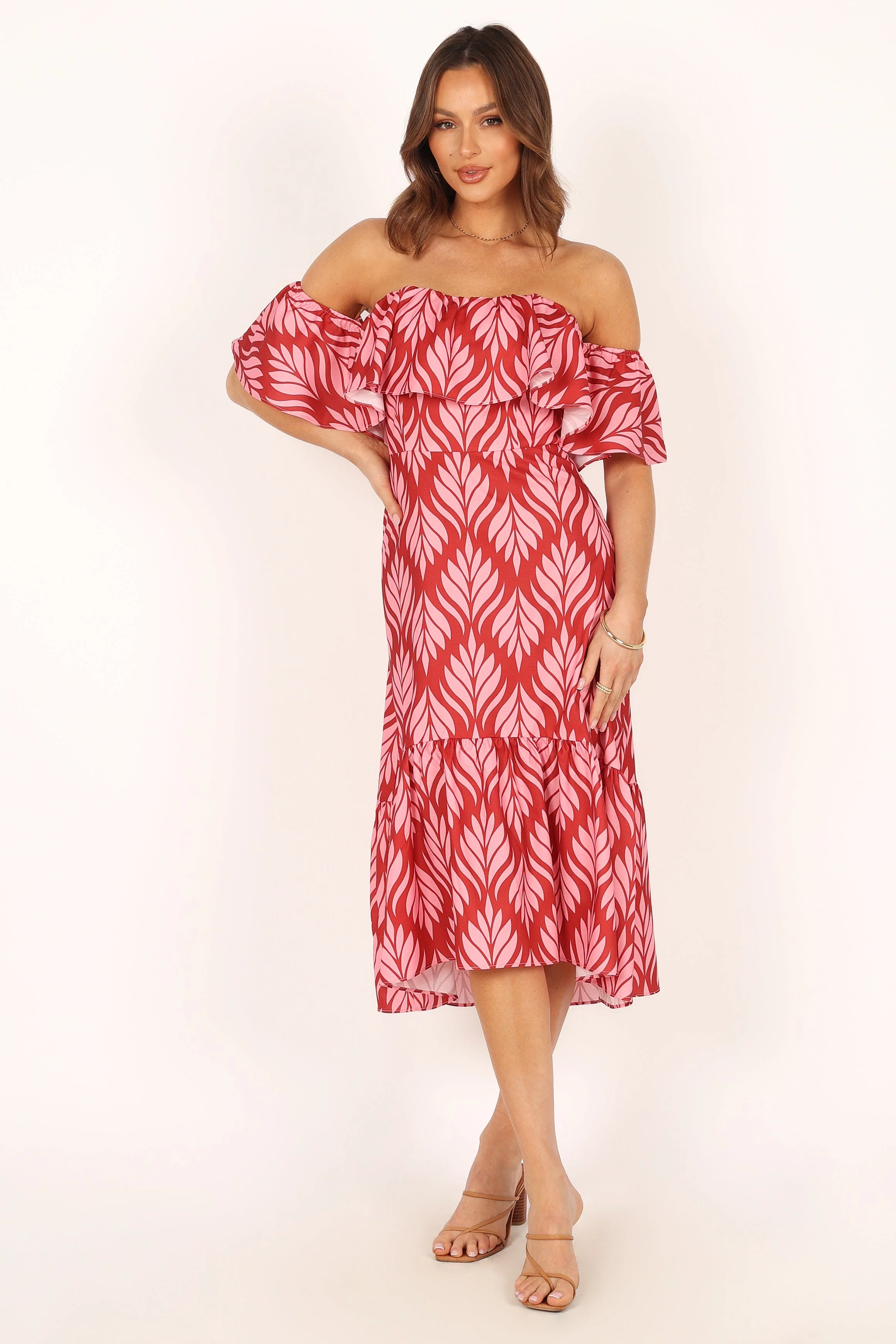 Neoma Strapless Midi Dress - Red Palm Print
