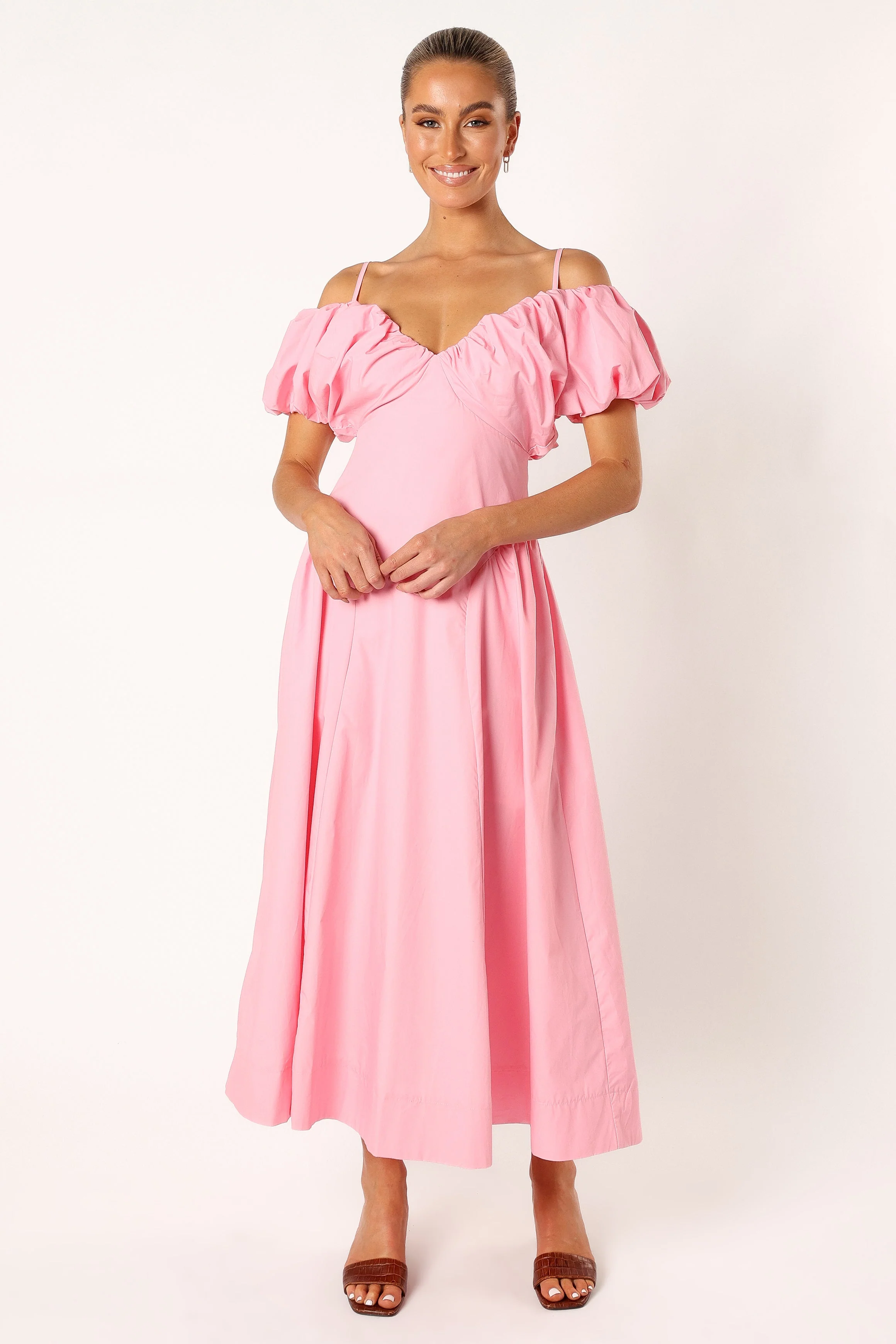Liner Puff Sleeve Midi Dress - Pink
