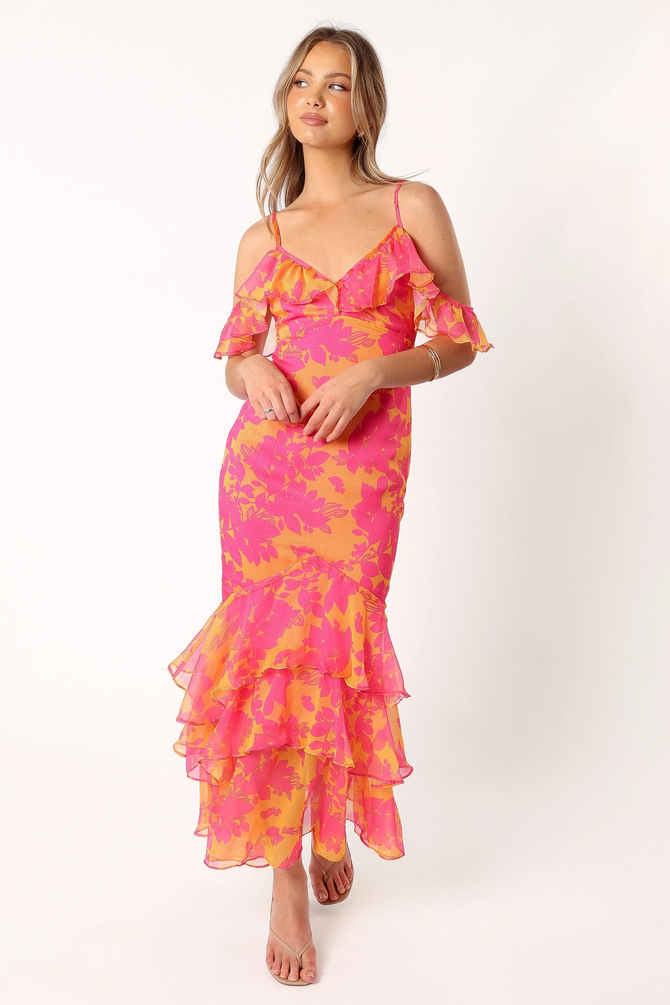 Leon Tiered Midi Dress - Pink Orange