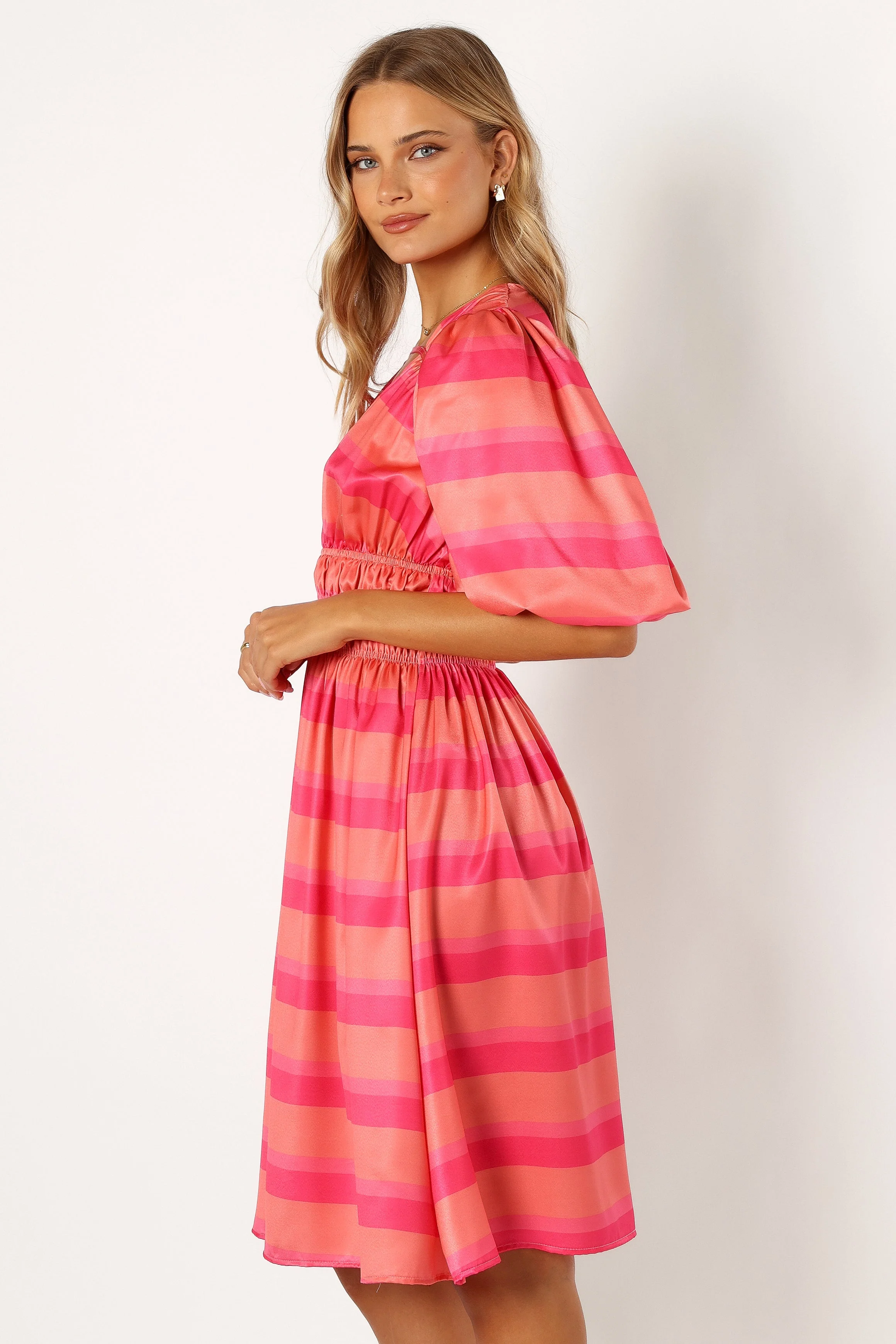 Lennon Puff Sleeve Midi Dress - Pink Orange