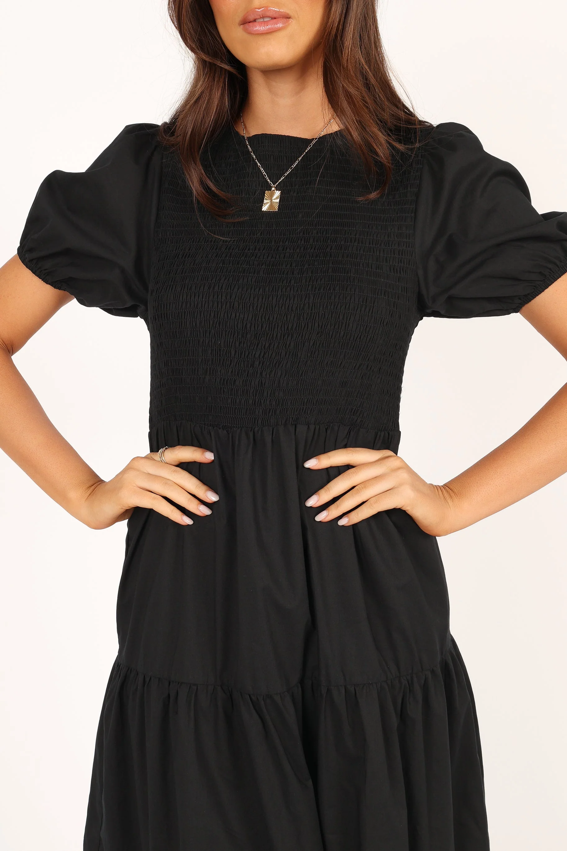 Naura Shirred Tiered Midi Dress - Black