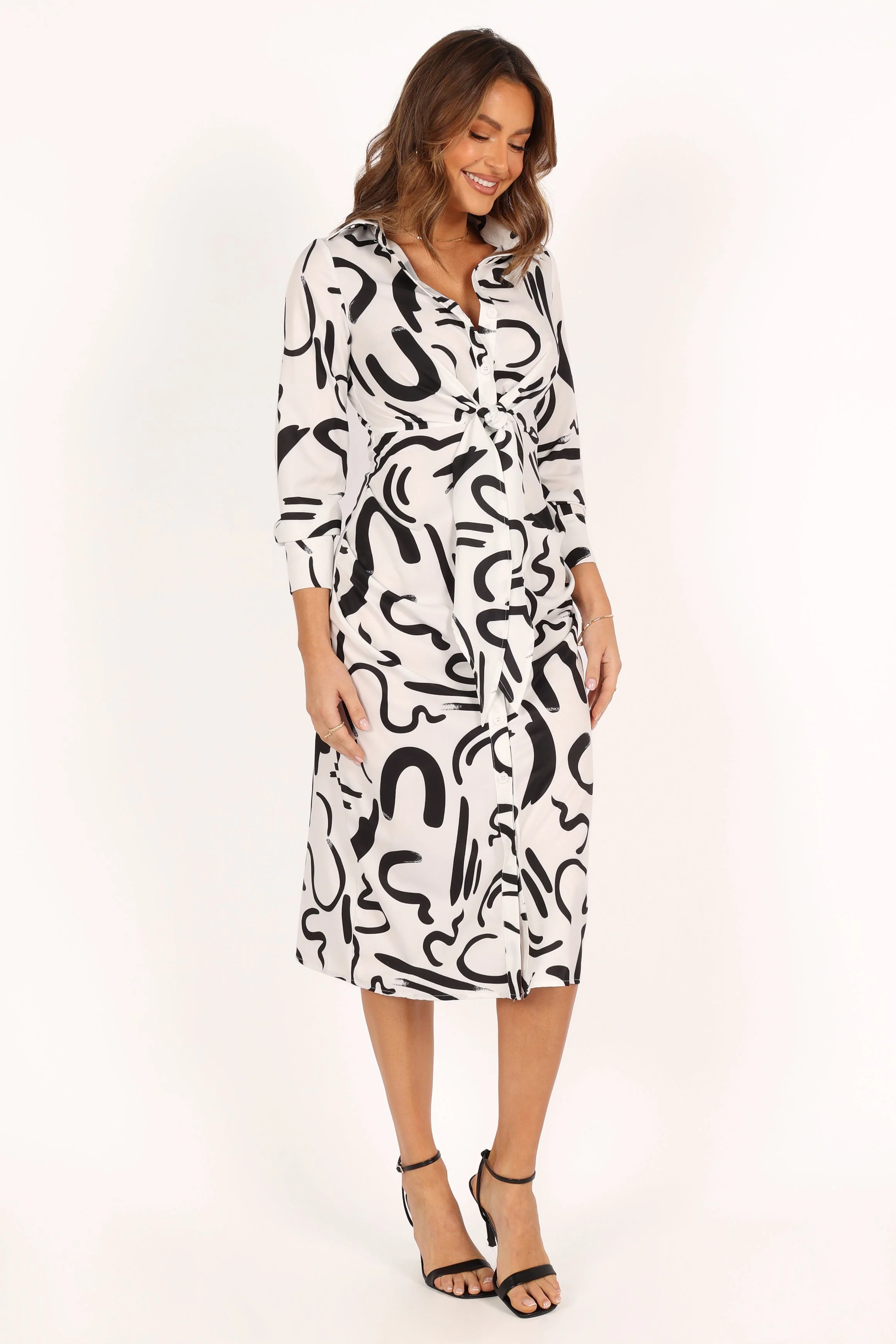 Minori Long Sleeve Midi Dress - White Black