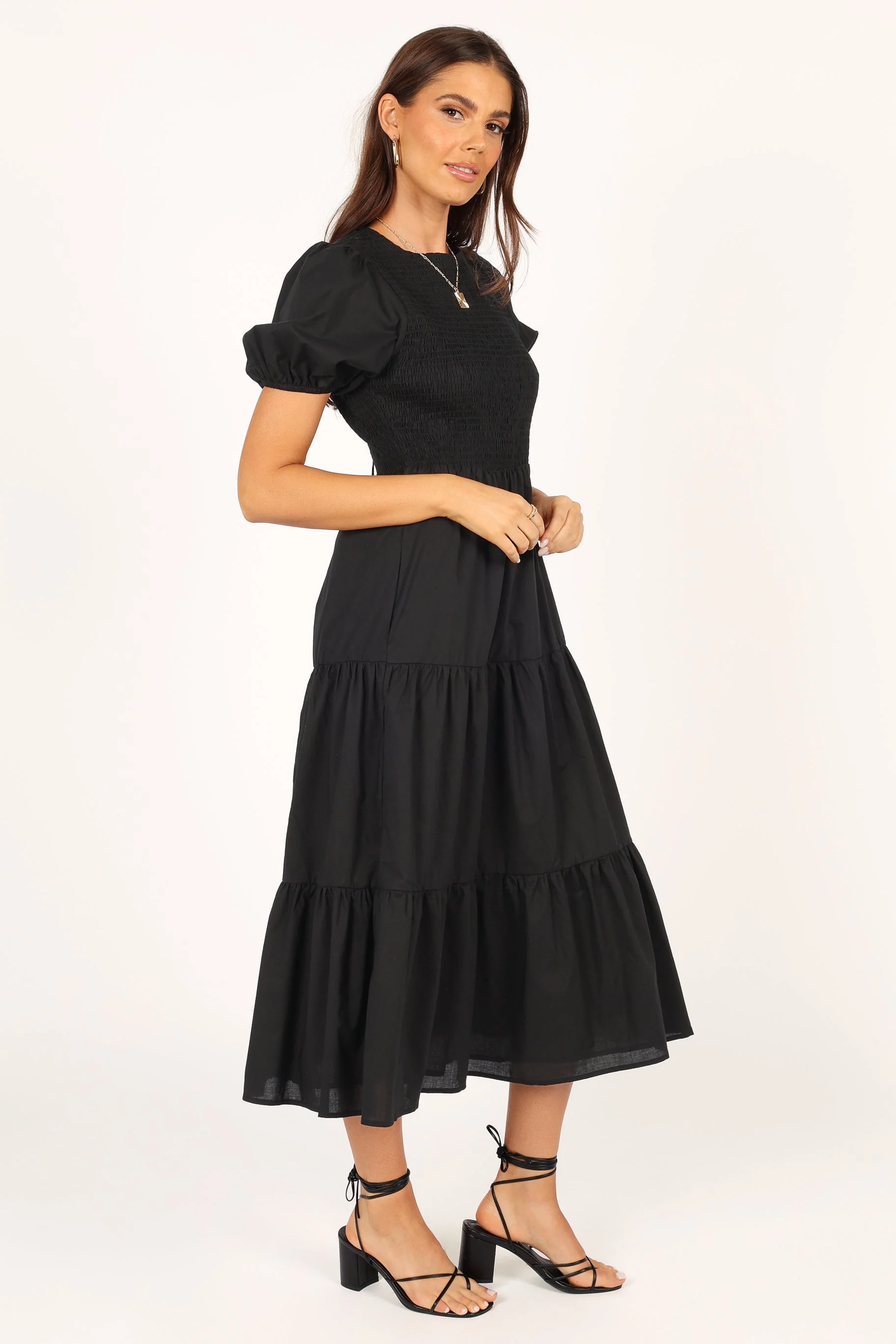 Naura Shirred Tiered Midi Dress - Black