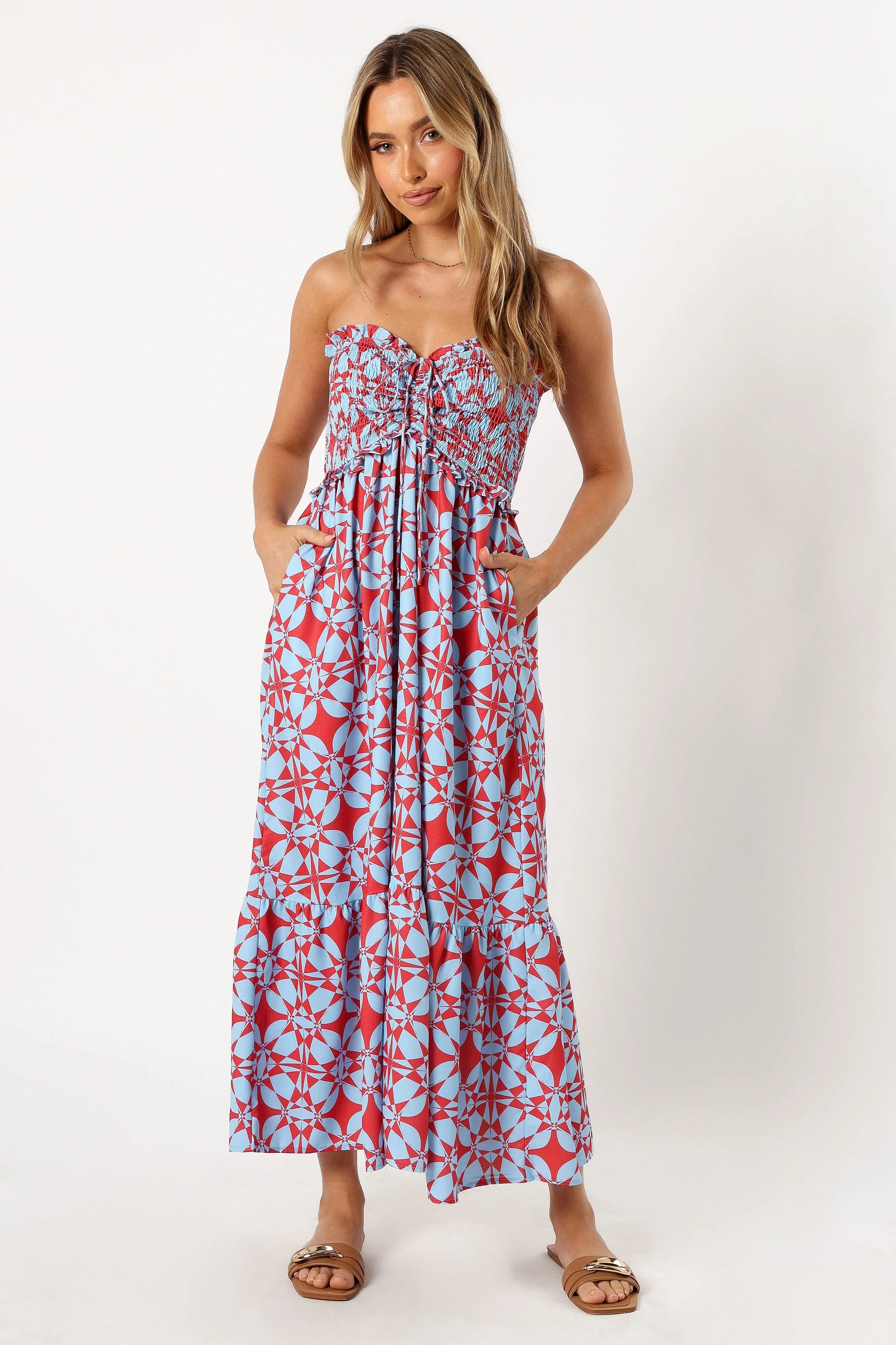 Dayton Strapless Midi Dress - Red Blue