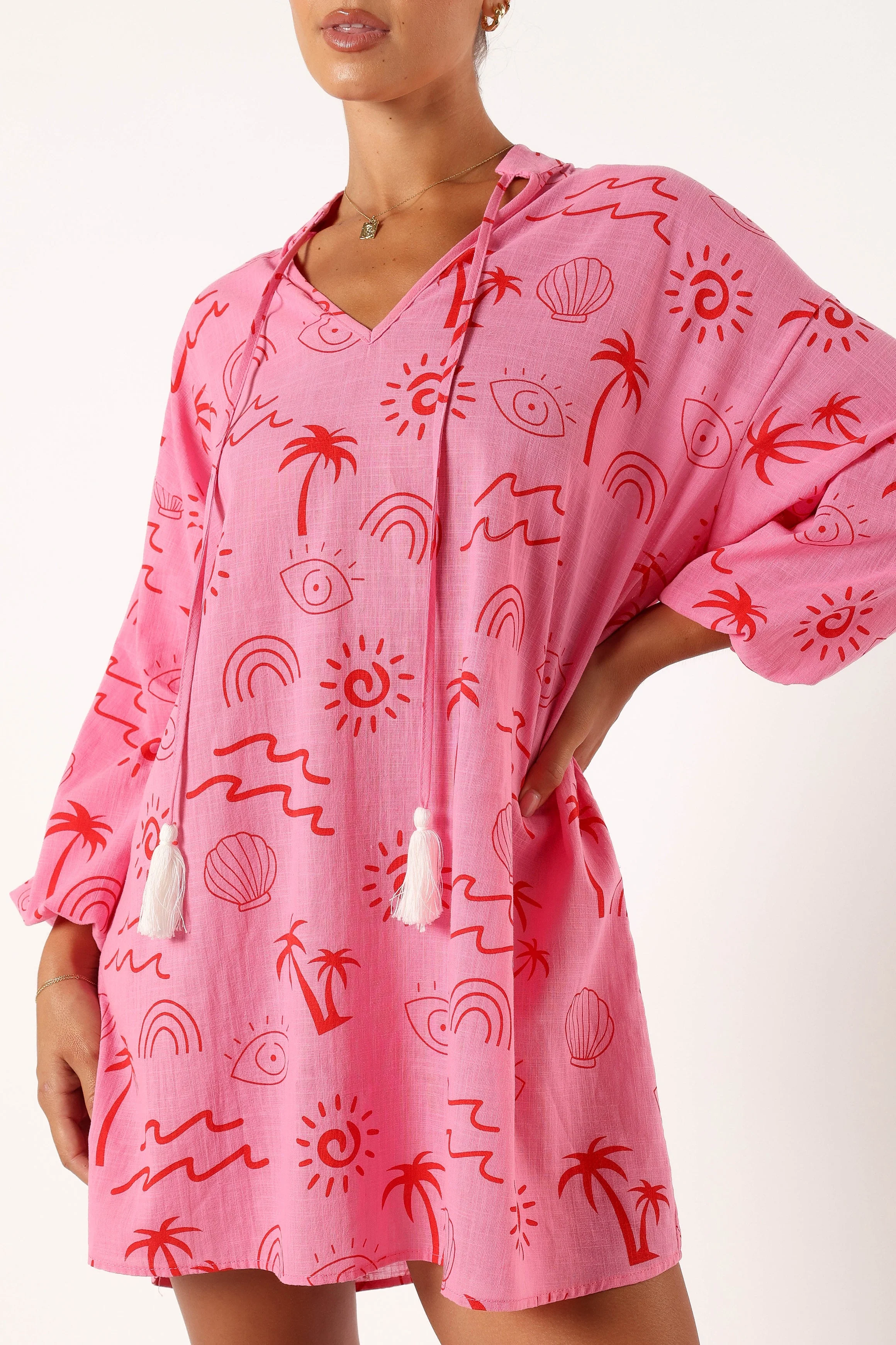 Laila Long Sleeve Linen Mini Dress - Pink Red