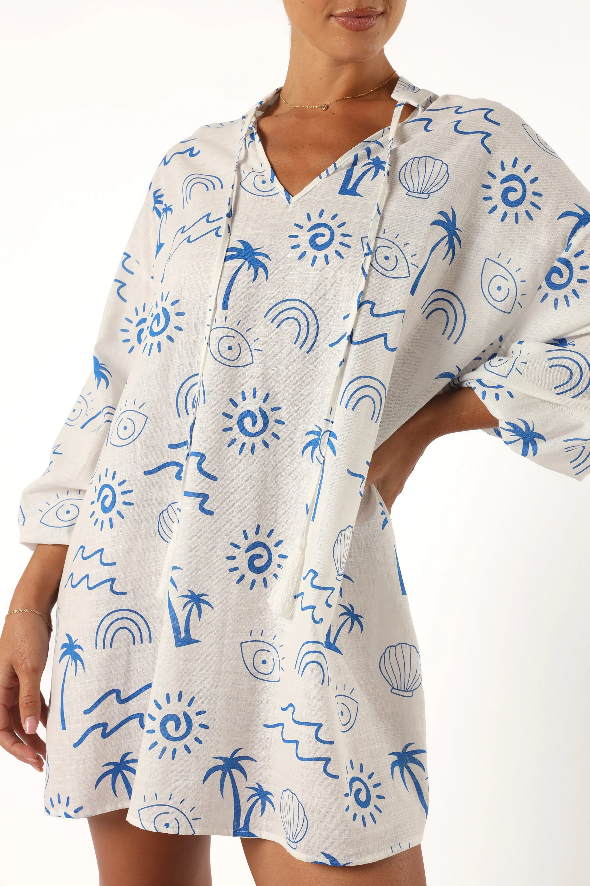 Laila Long Sleeve Linen Mini Dress - White Blue