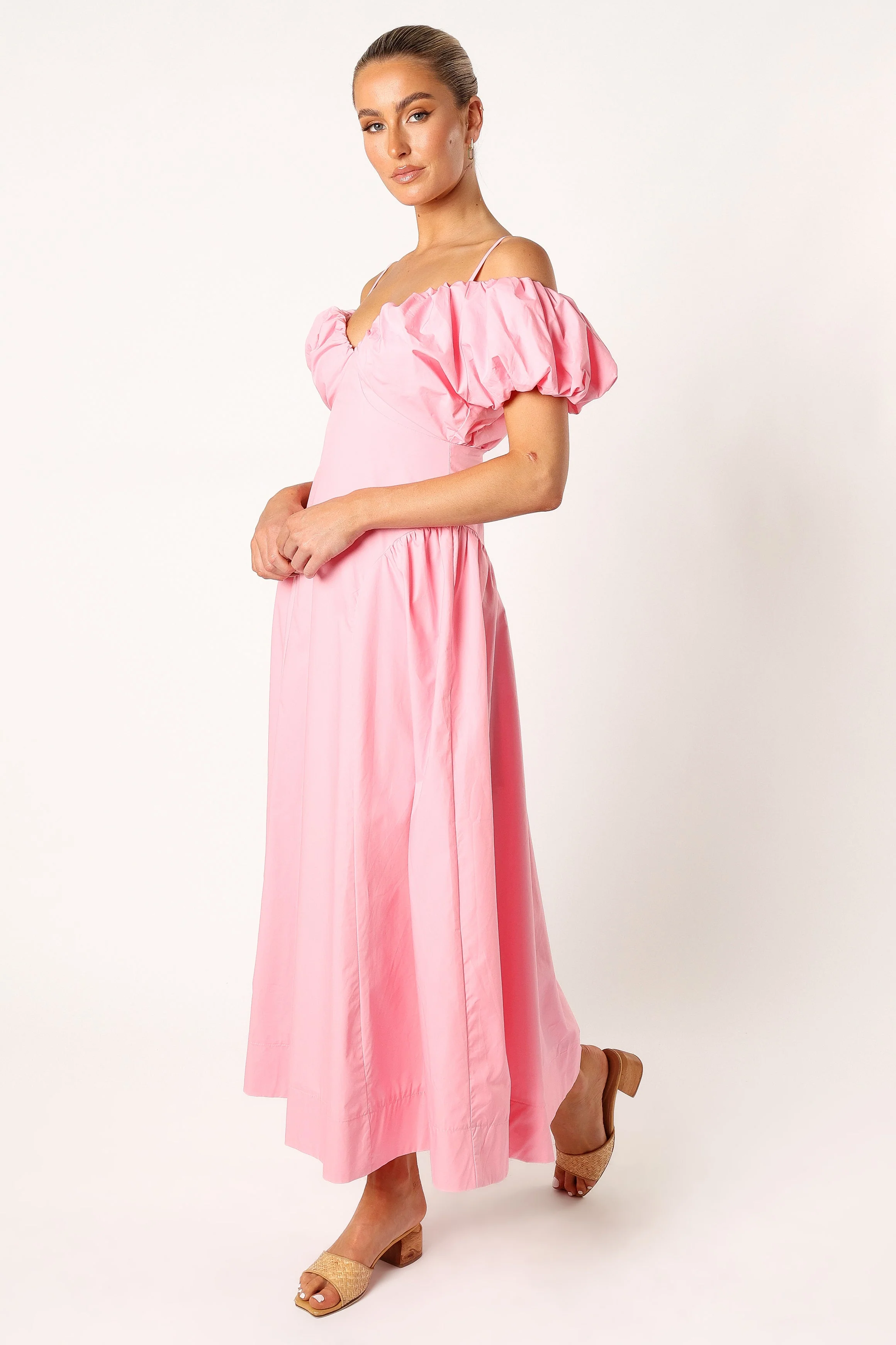 Liner Puff Sleeve Midi Dress - Pink