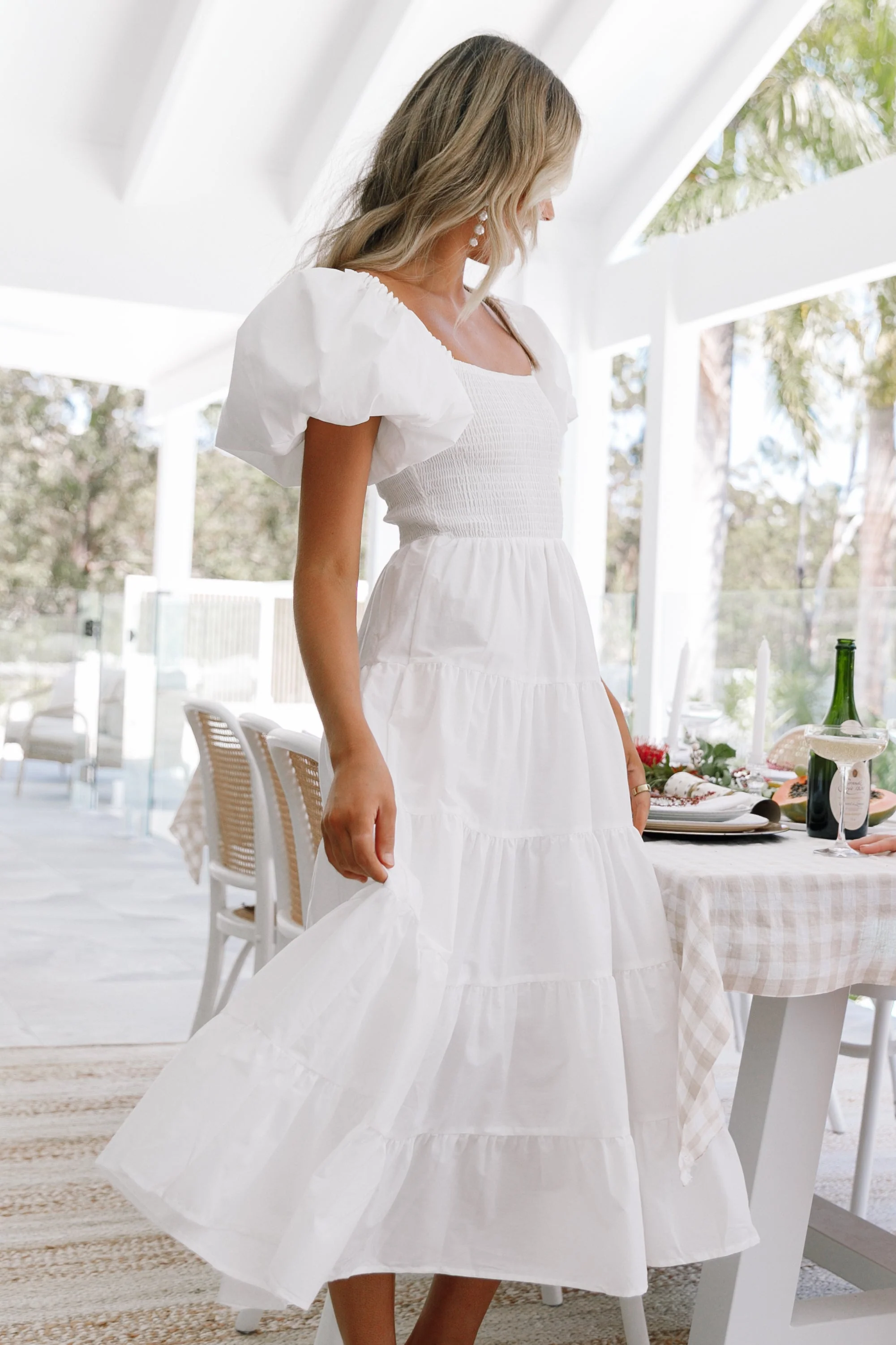 Annette Puff Sleeve Shirred Midi Dress - White