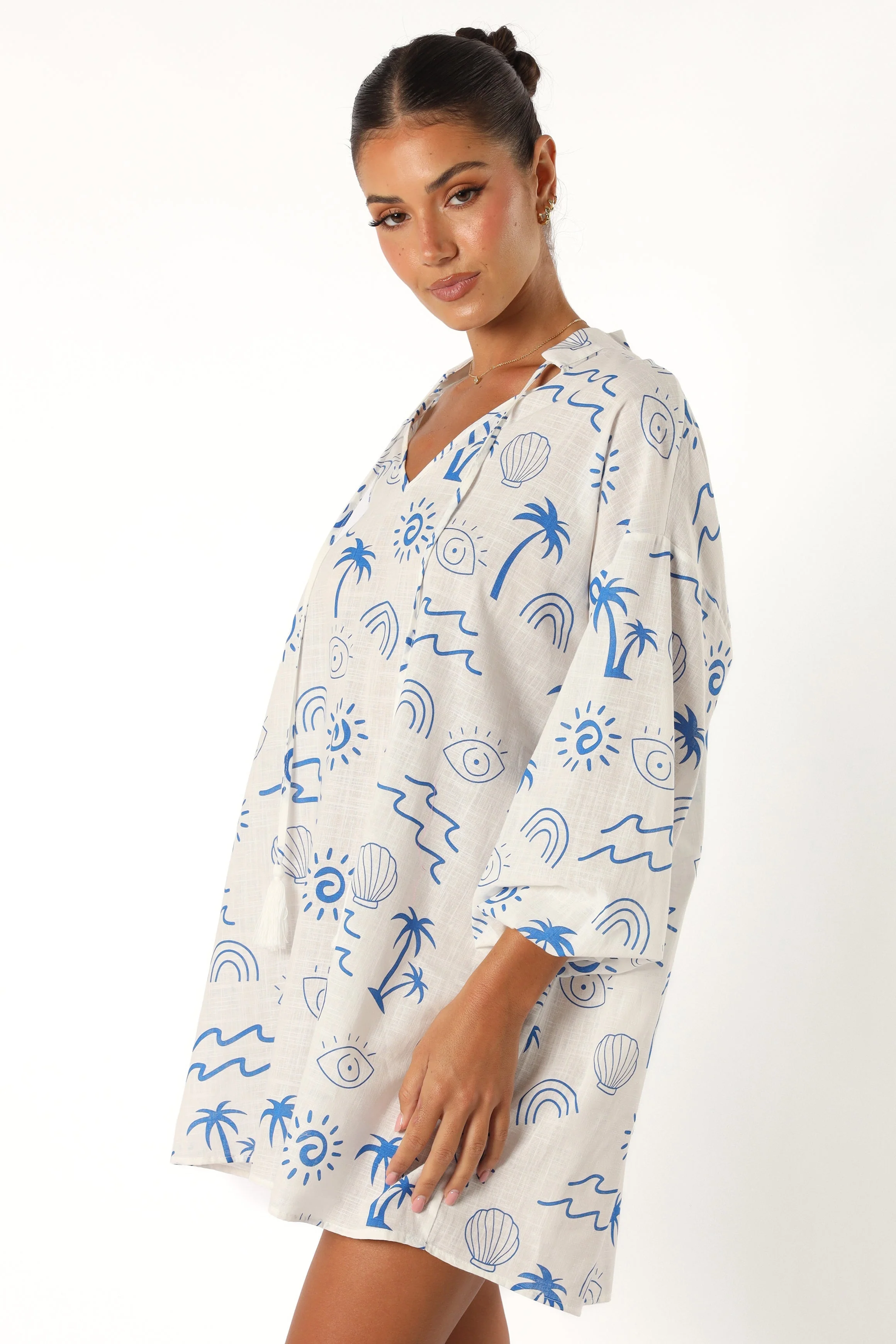 Laila Long Sleeve Linen Mini Dress - White Blue